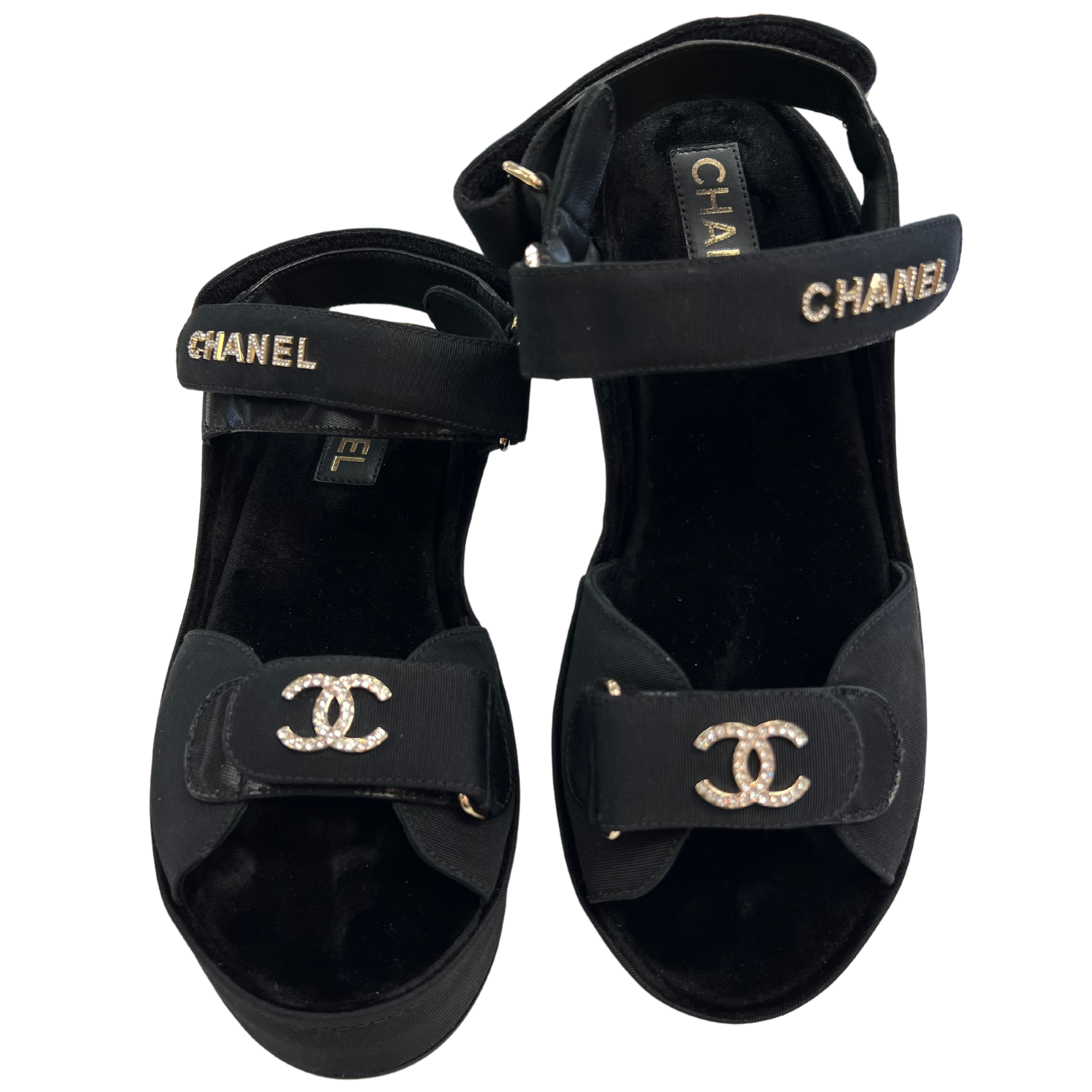 Chanel Grosgrain Crystal Logo Platform Sandals