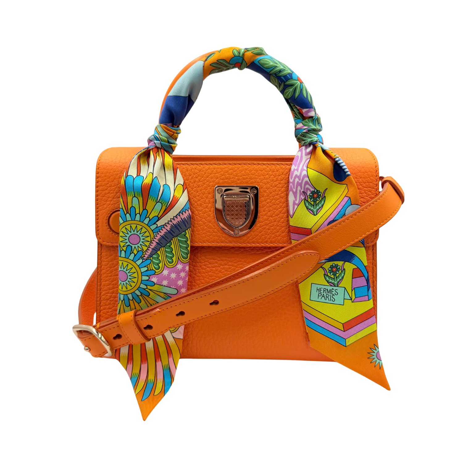 Christian Dior Mini Leather Diorever Crossbody Bag with Top Handle Orange (Comes with Hermès Twilly)