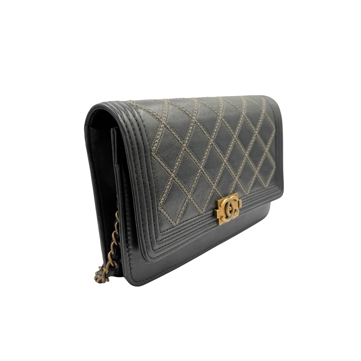 Chanel Impriente Quilted Calfskin Boy Bag Wallet on Chain Gray