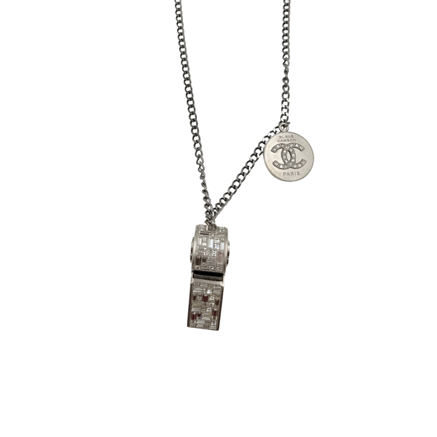 Chanel Strass CC Whistle Pendant Necklace Adjustable Silver
