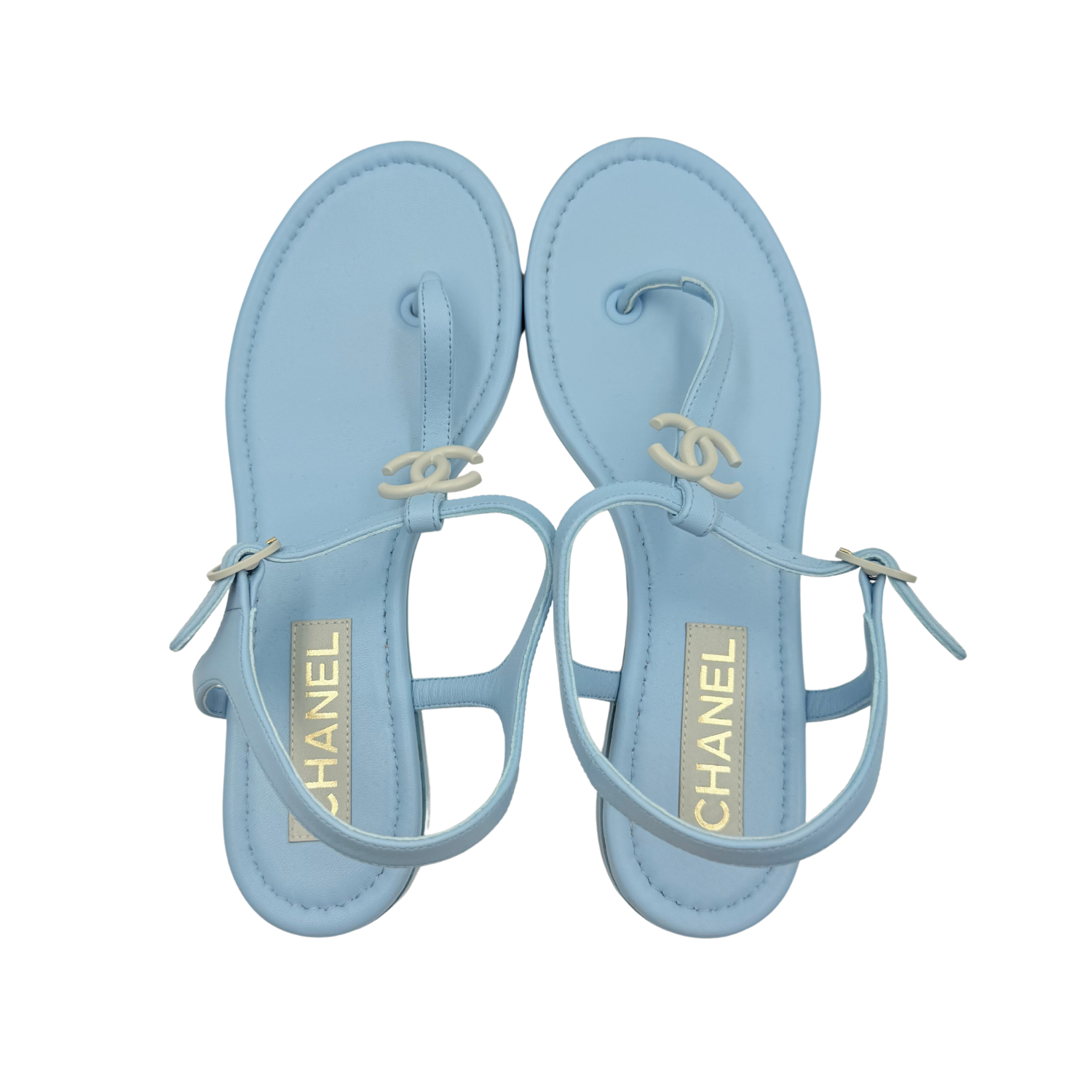 Chanel CC T-Strap Sandals Blue