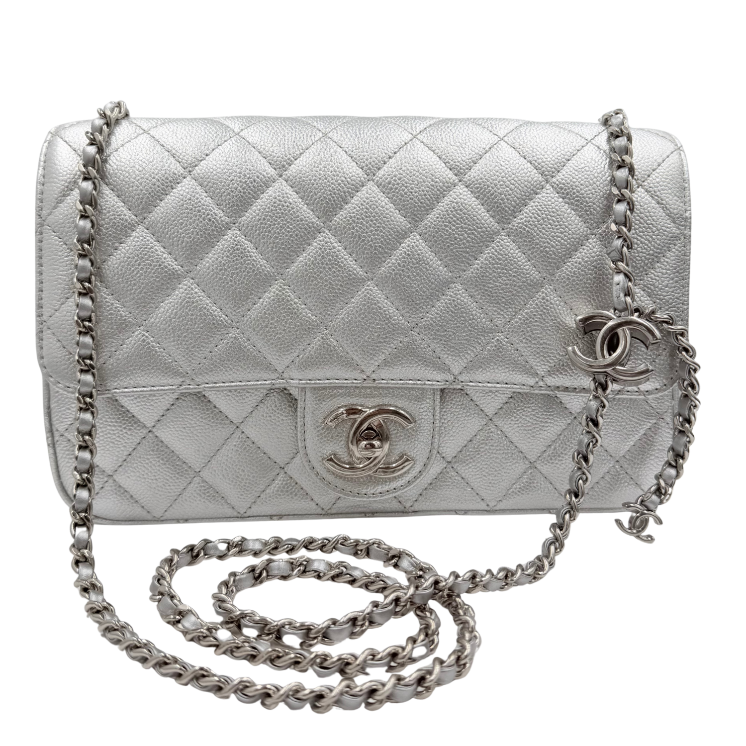 Chanel Medium Metallic Caviar Quilted CC Slide Flap Silver