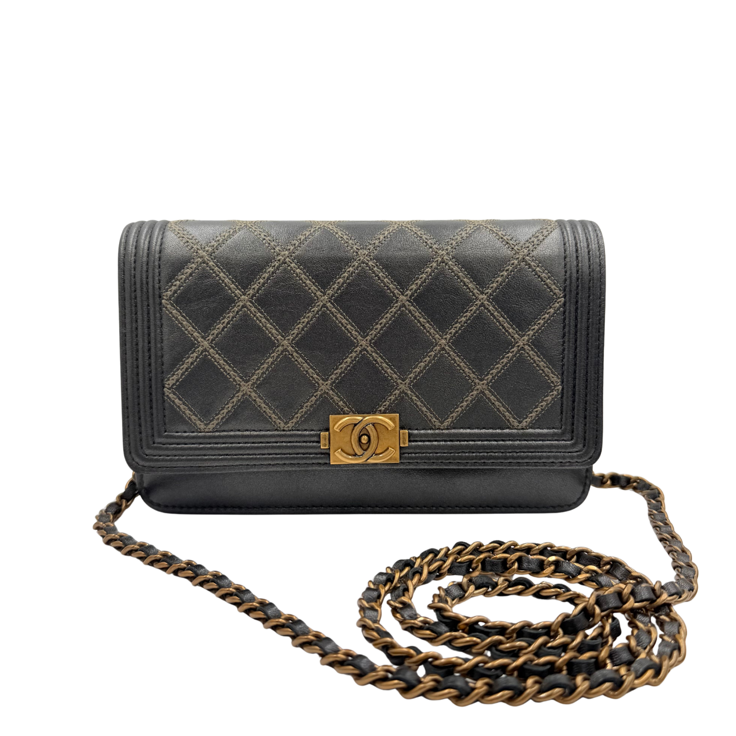 Chanel Impriente Quilted Calfskin Boy Bag Wallet on Chain Gray