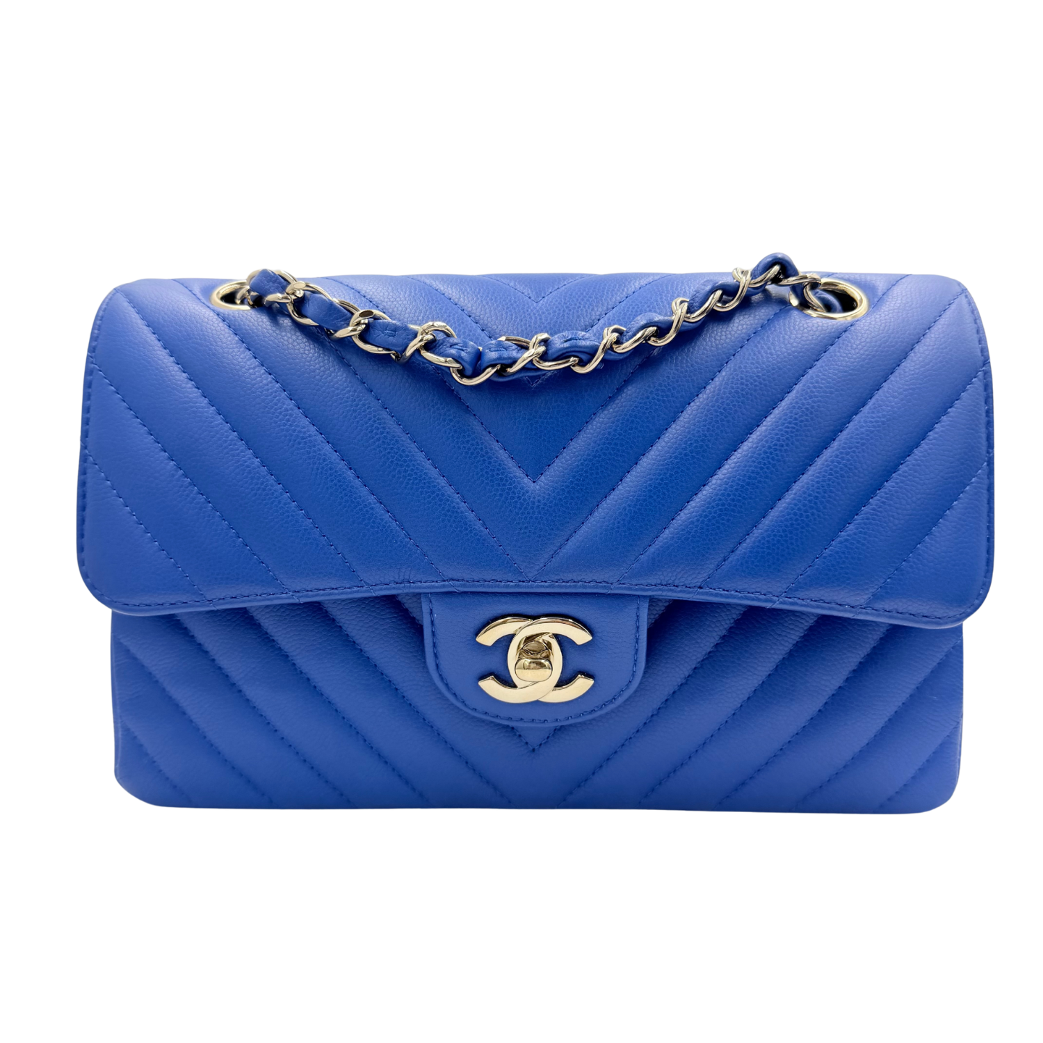 Blue quilted handbag with gold chain and clasp on a white background