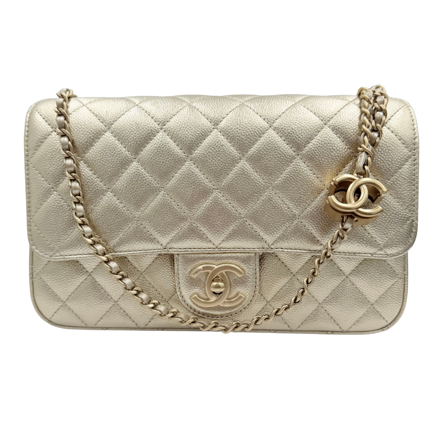 Chanel Limited Edition Small Single Flap Quilted Caviar Leather Bag with Adjustable Strap Light Gold