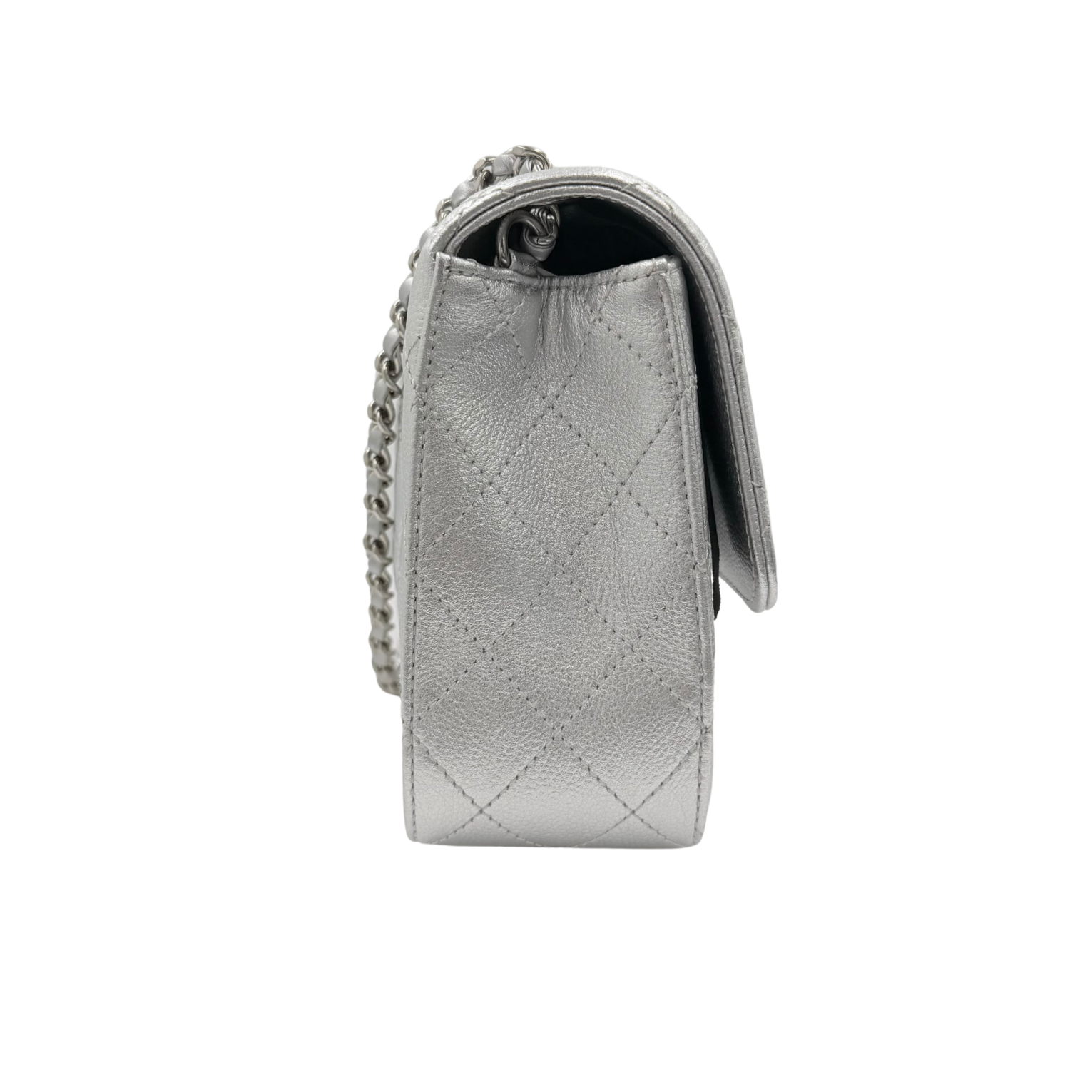 Chanel Medium Metallic Caviar Quilted CC Slide Flap Silver