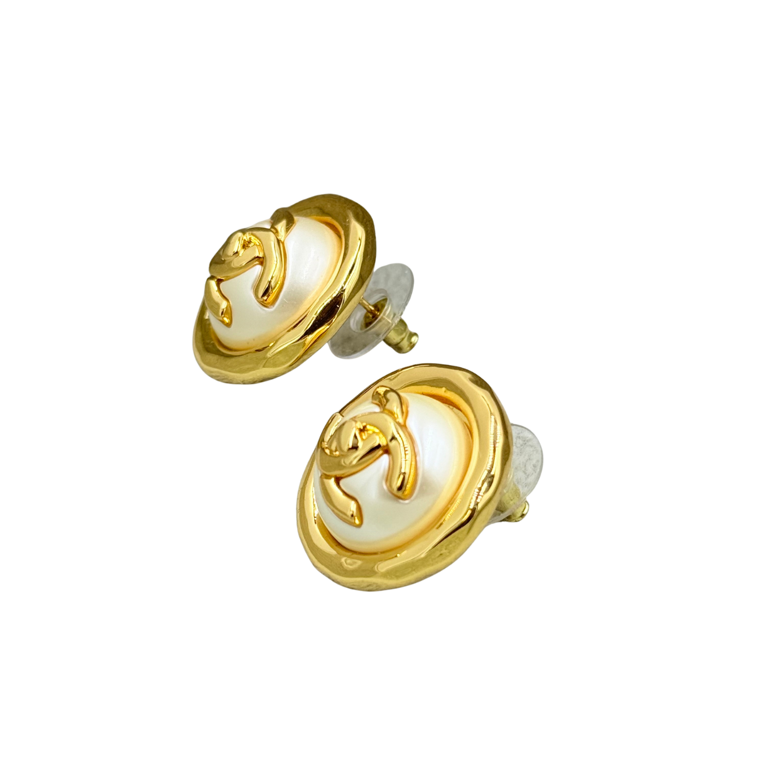 Chanel Large Round Button Earrings Gold