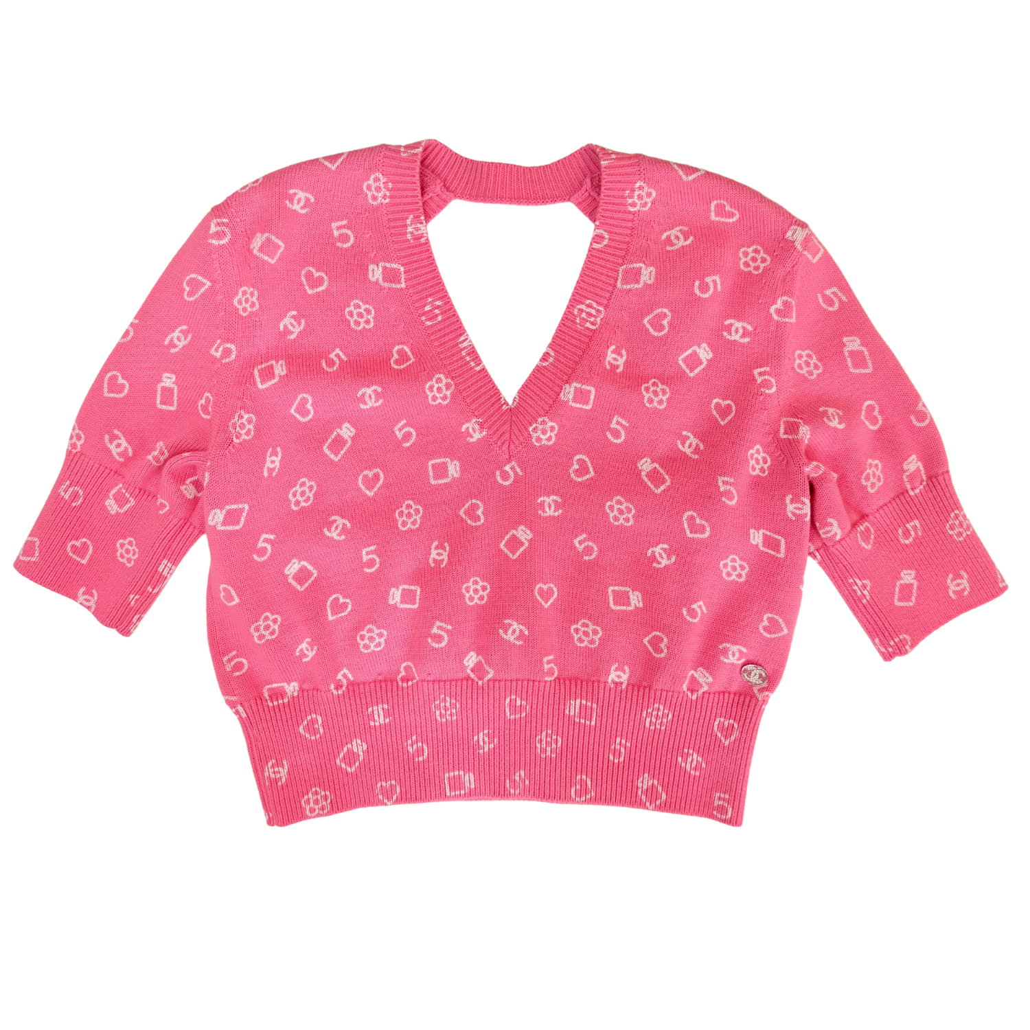 Chanel CC Short Sleeve Backless Patterned Top Pink