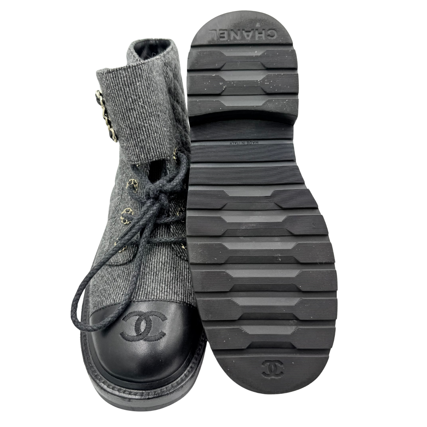 Chanel Chain CC Cap Toe Quilted Denim and Leather Lace Up Combat Boots Grey
