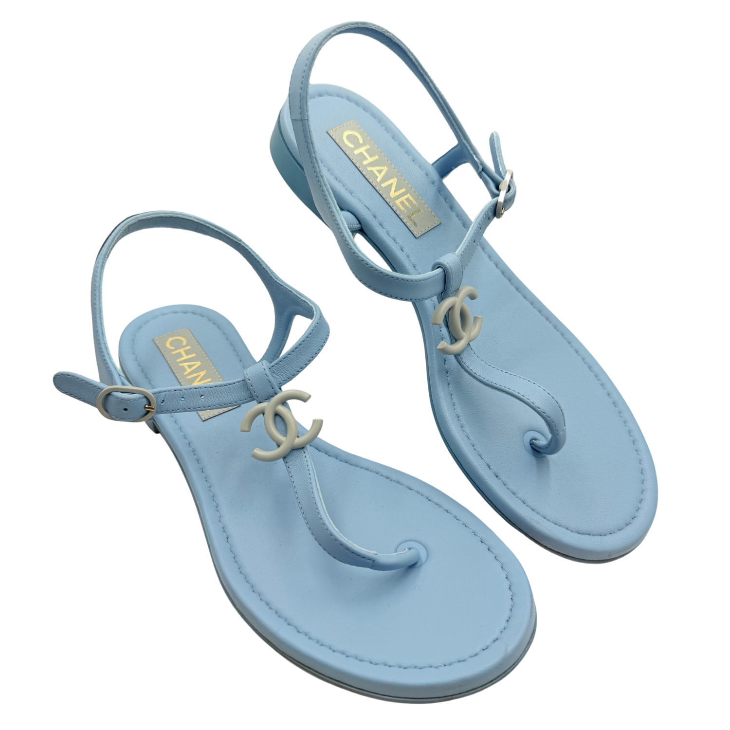 Chanel CC T-Strap Sandals Blue