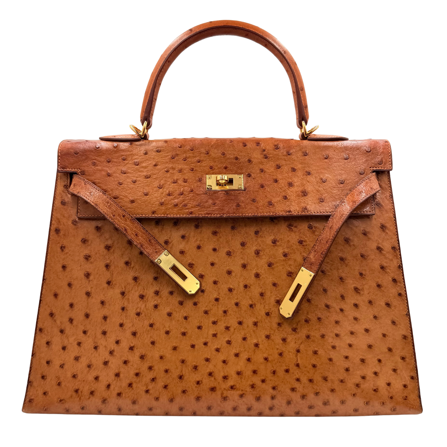 Hermès Vintage Kelly 35 Cognac Ostrich Sellier with Gold Hardware