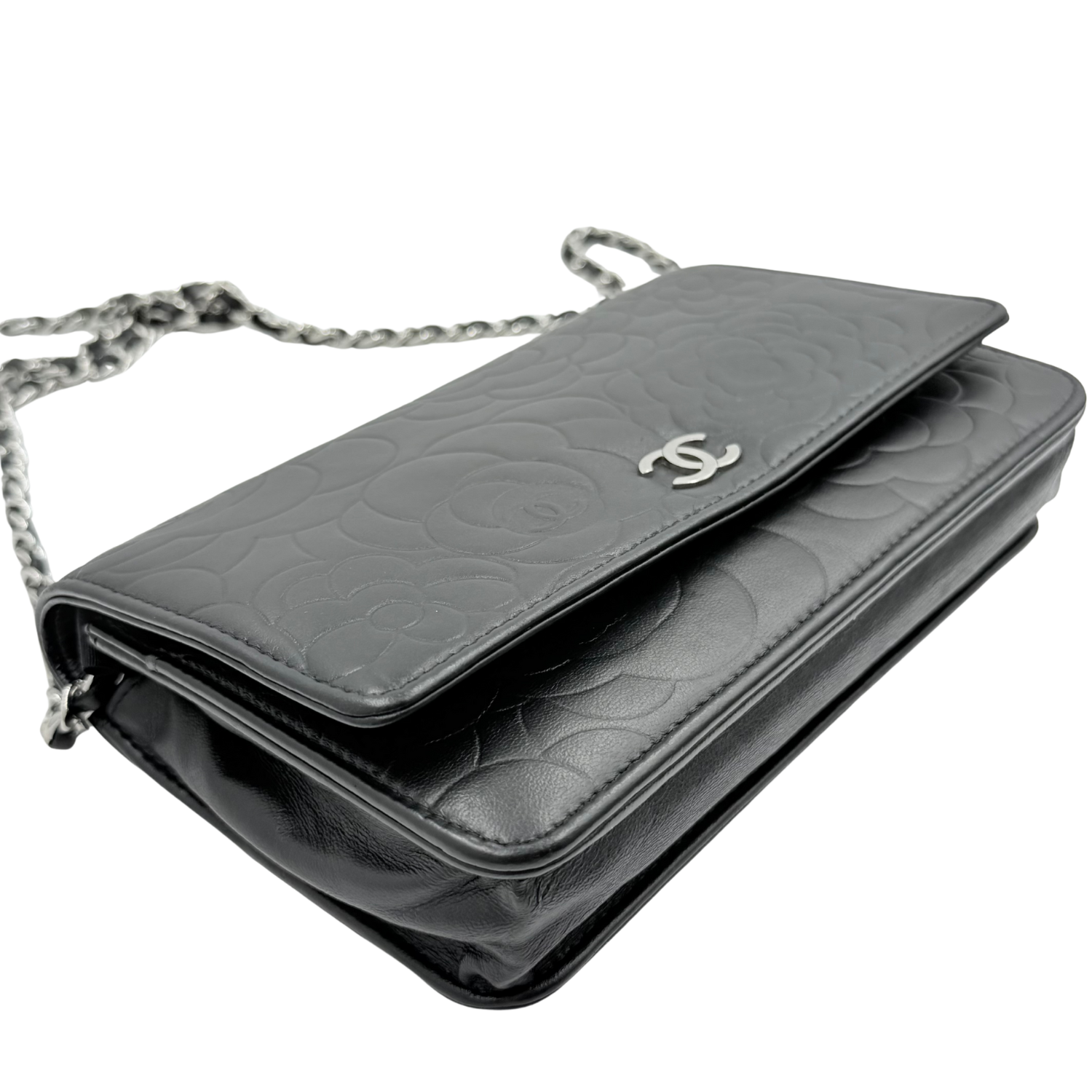 Chanel Camellia Embossed Wallet on Chain Black