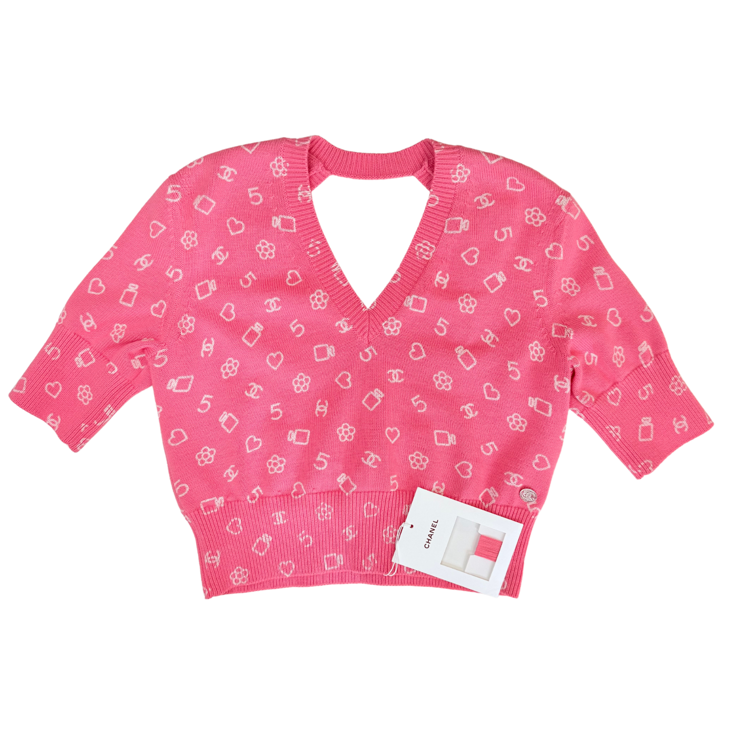 Chanel CC Short Sleeve Backless Patterned Top Pink