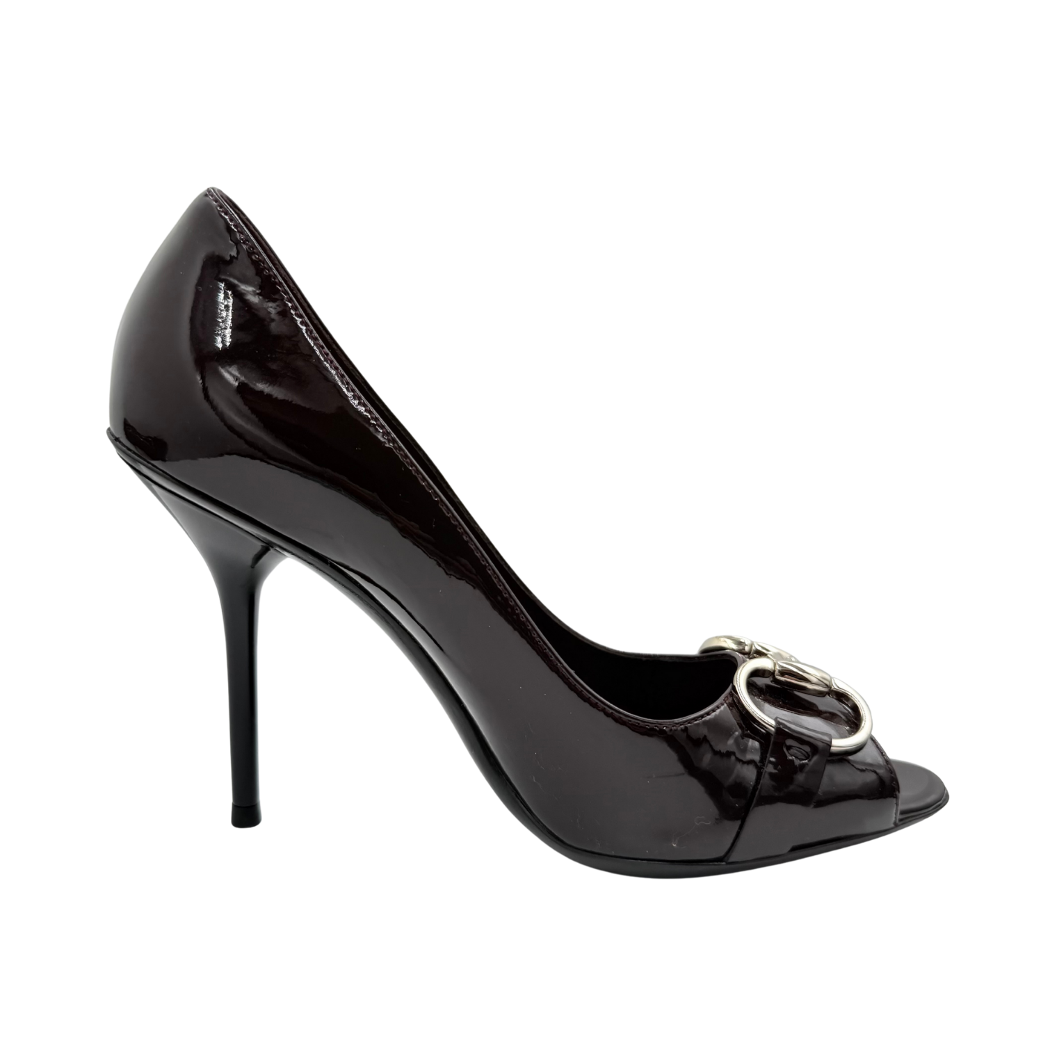 Gucci 1955 Horsebit Accent Patent Leather Pumps Plum