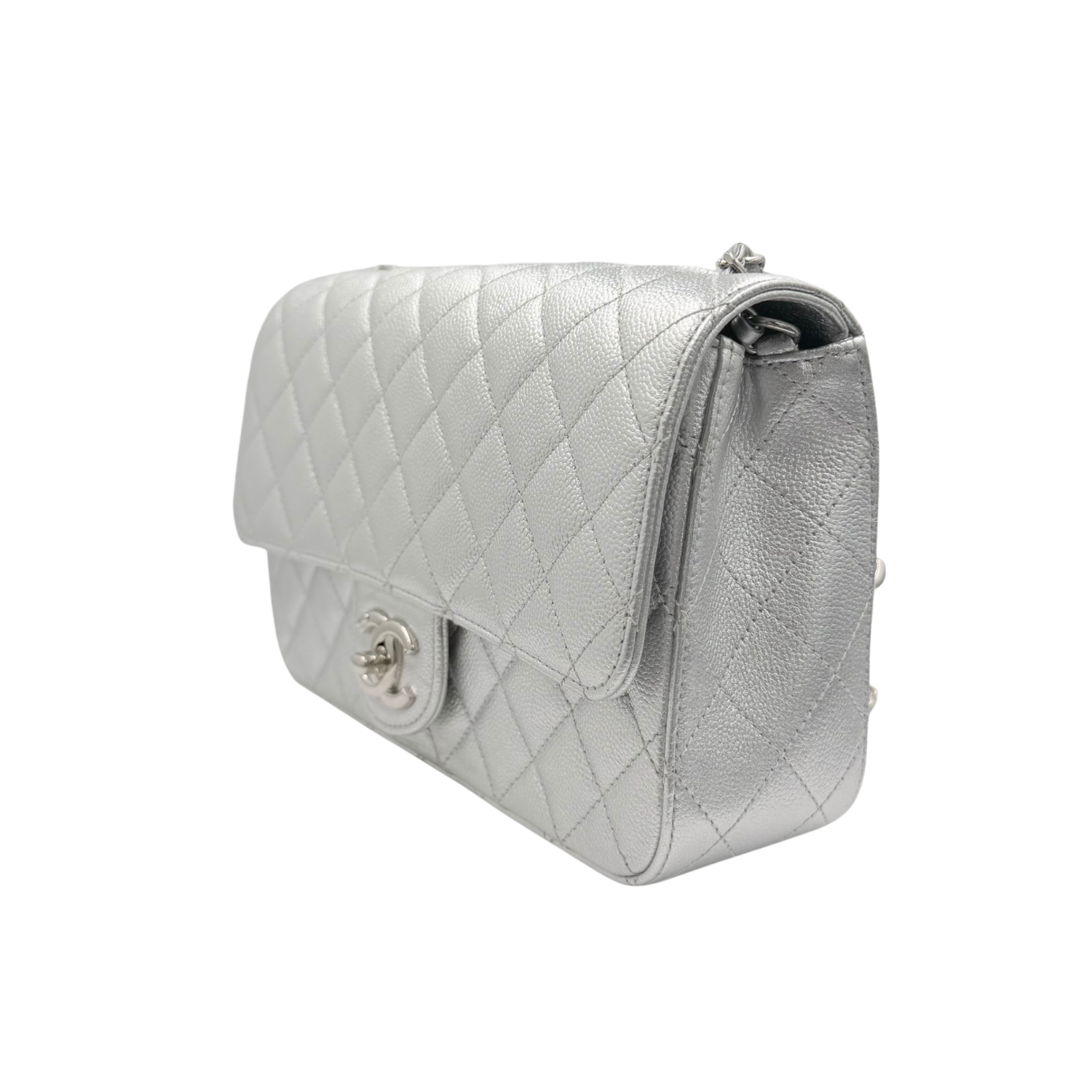 Chanel Medium Metallic Caviar Quilted CC Slide Flap Silver