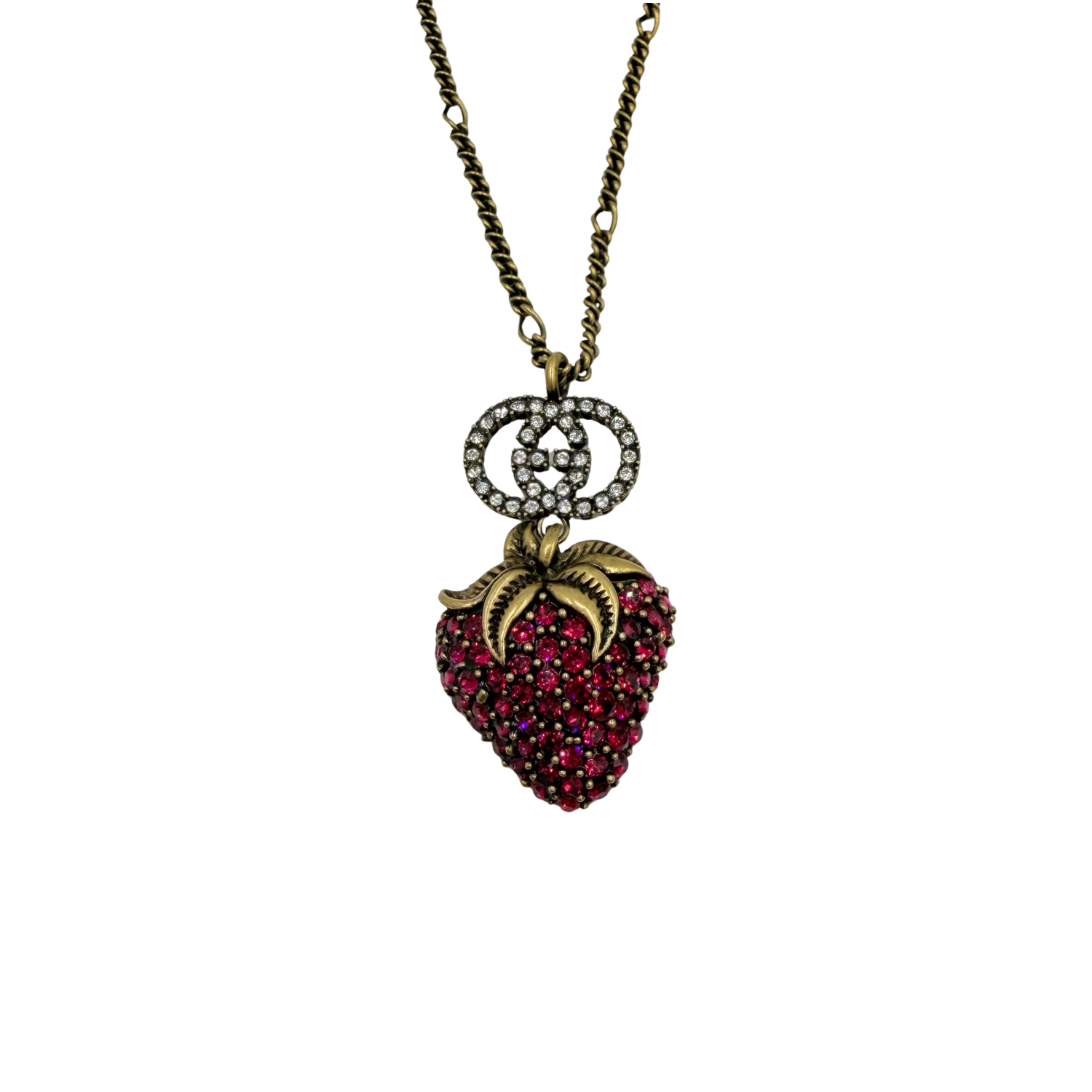 Gucci Crystal GG Strawberry Pendant Necklace