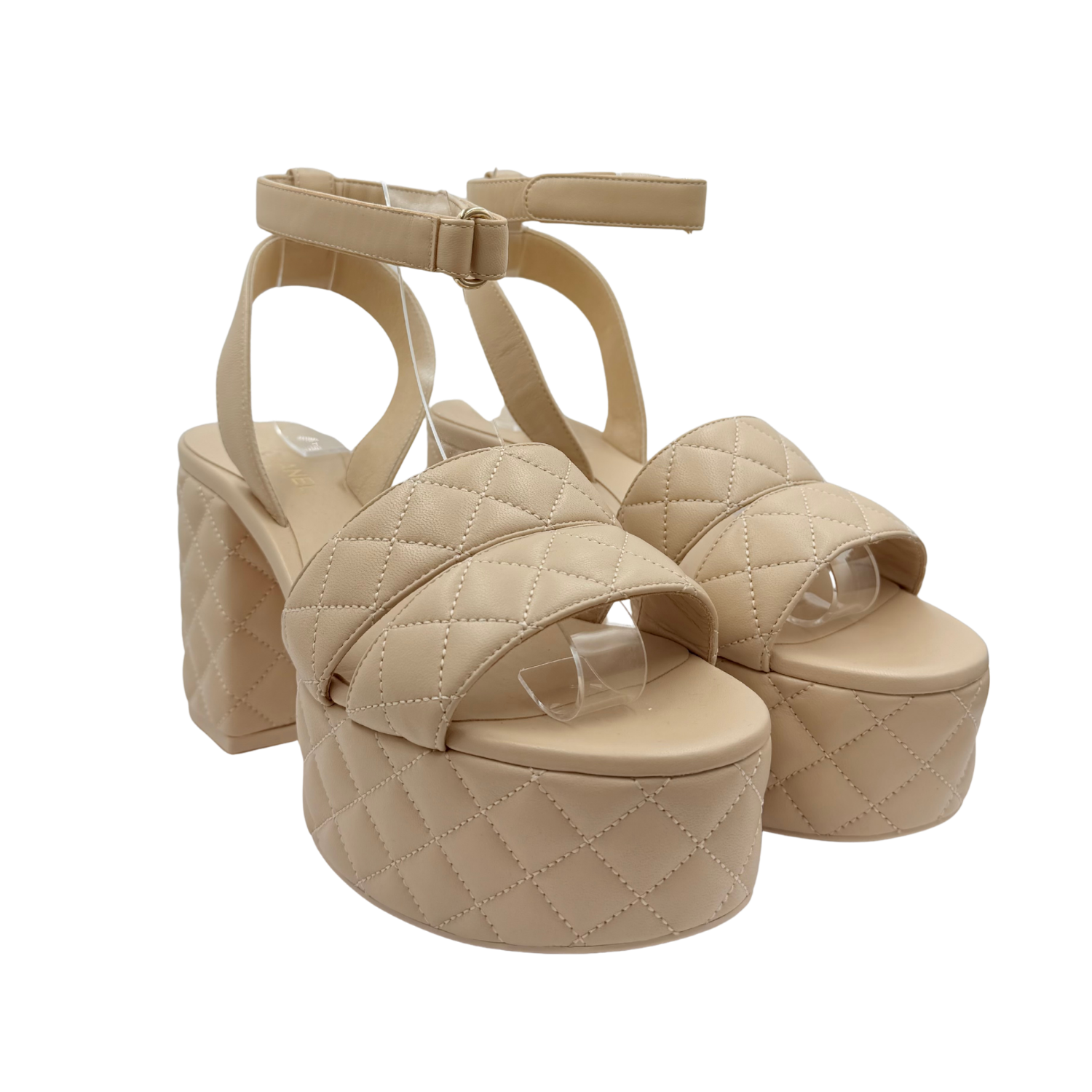 Chanel Quilted Lambskin Leather Ankle Strap Platform Sandals Etoupe