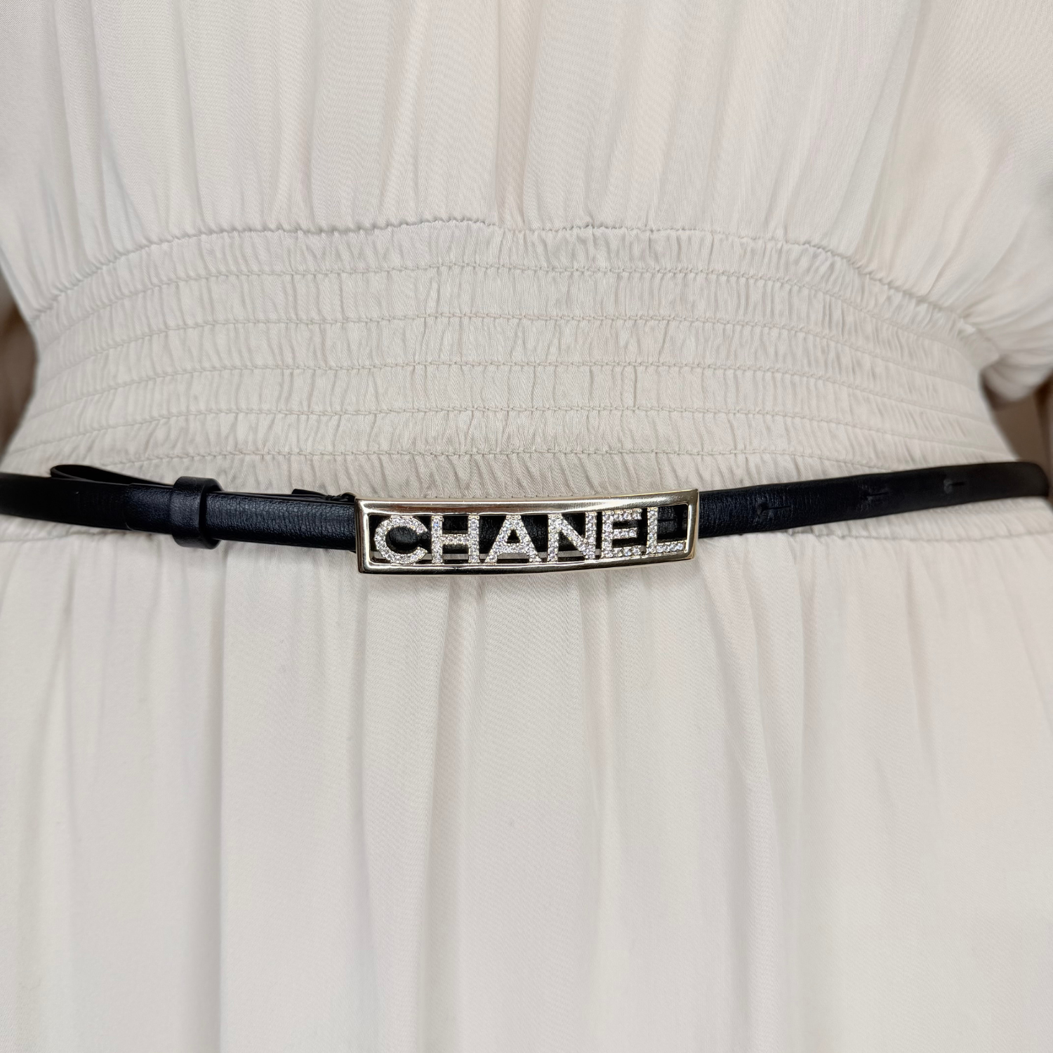 Chanel Leather Belt Silver Chanel with Crystals Black