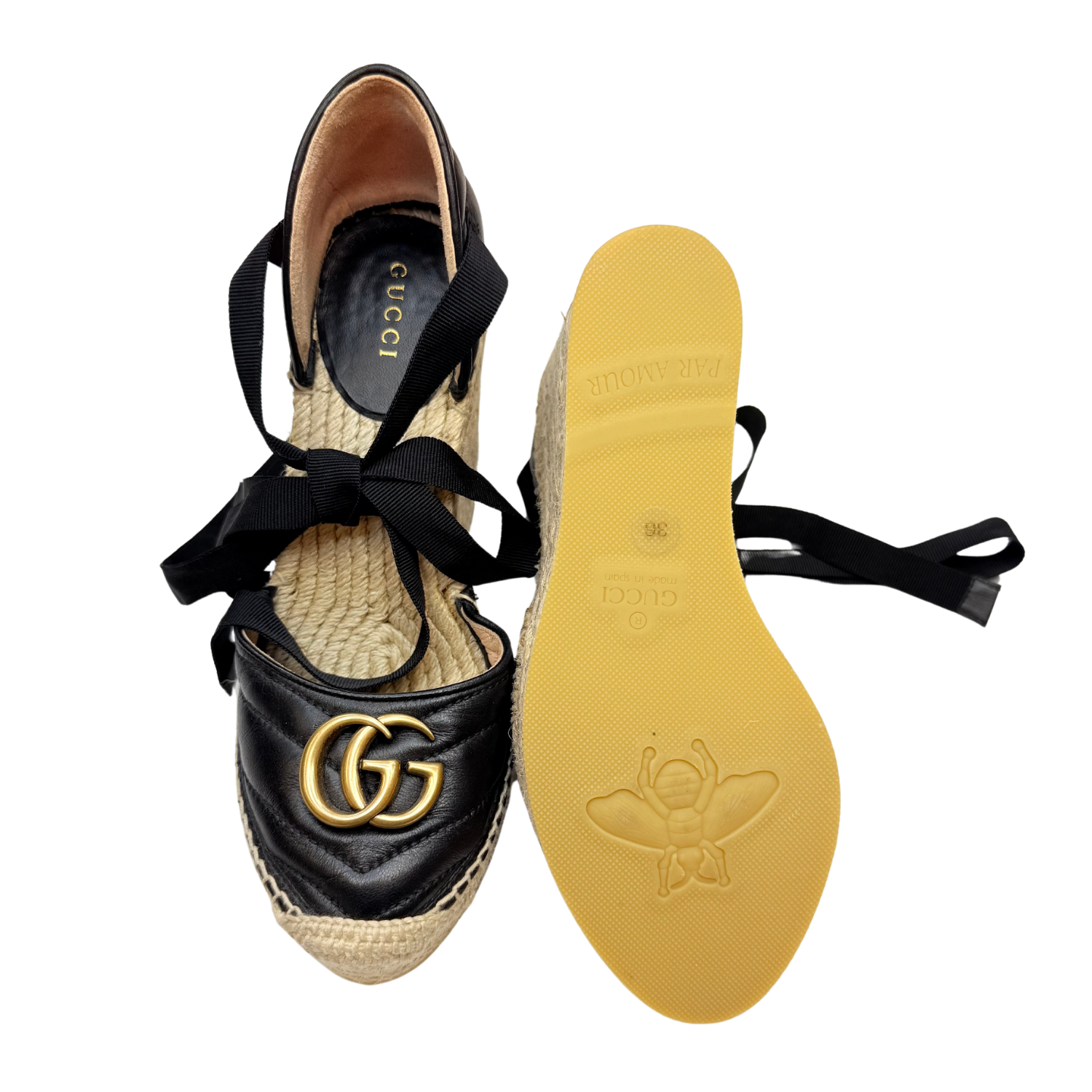 Gucci Nappa Matelasse GG Marmont Ankle Wrap Espadrille Wedges