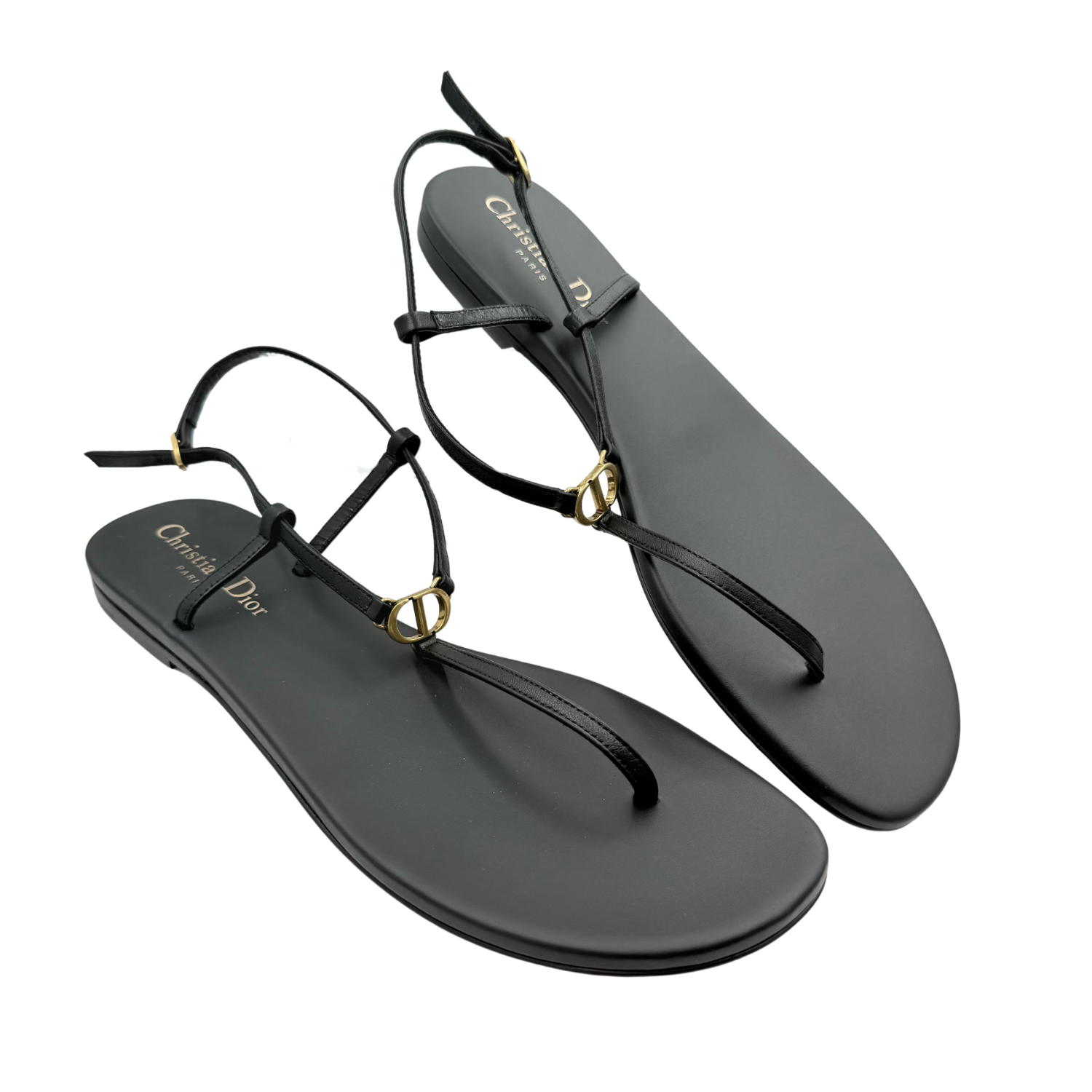 Christian Dior Leather Crystal Embellishments Slingback Sandals Black