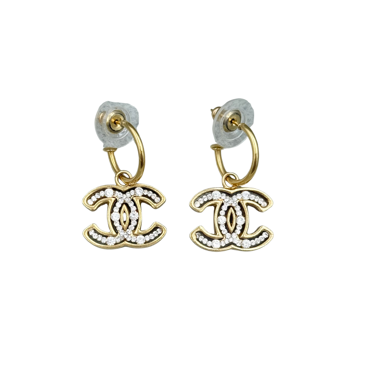 Chanel CC Small Vintage Crystal Hoop Dangle Earrings Gold