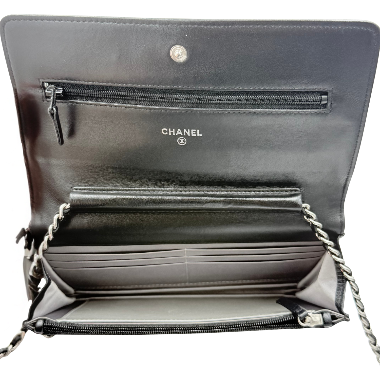 Chanel Camellia Embossed Wallet on Chain Black