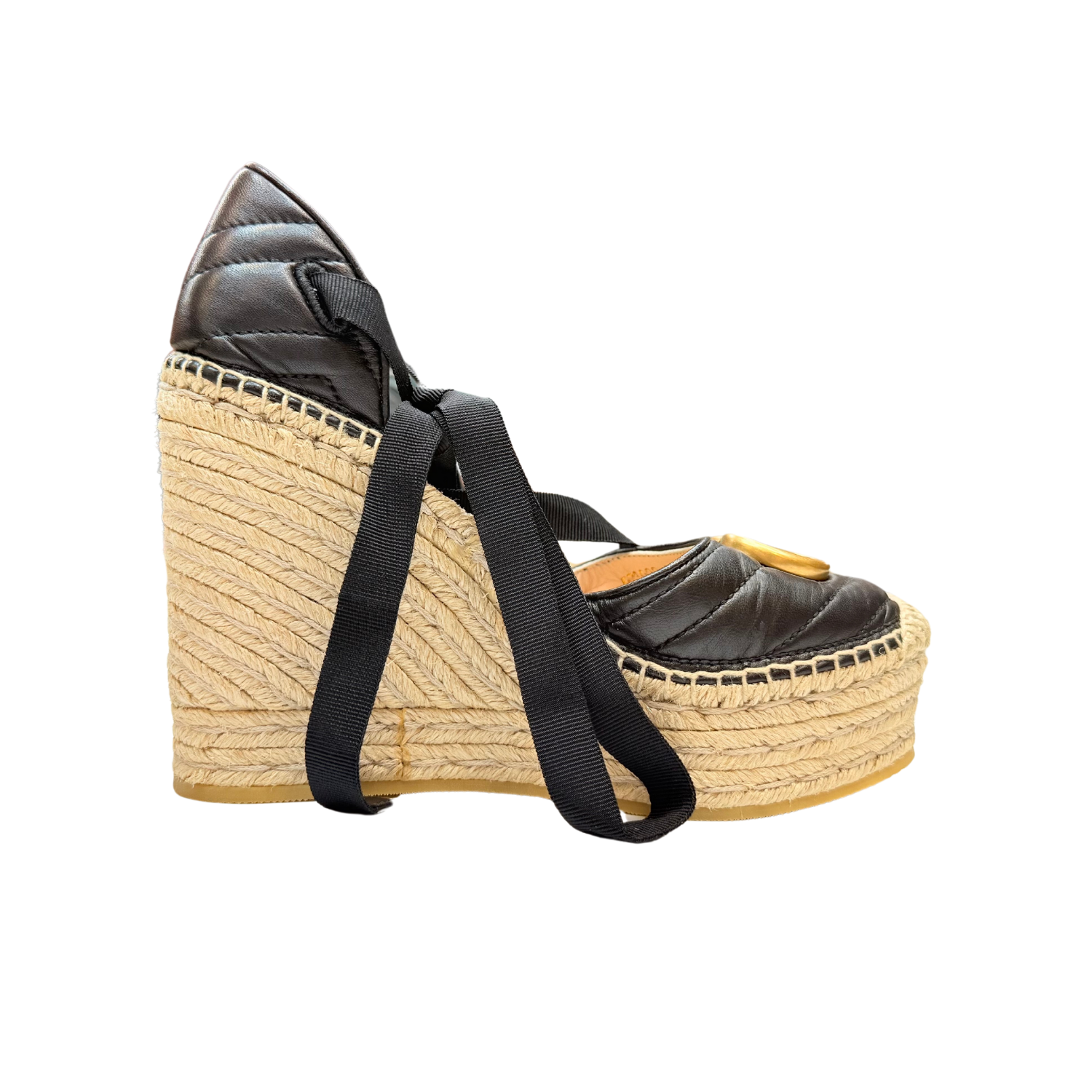 Gucci Nappa Matelasse GG Marmont Ankle Wrap Espadrille Wedges