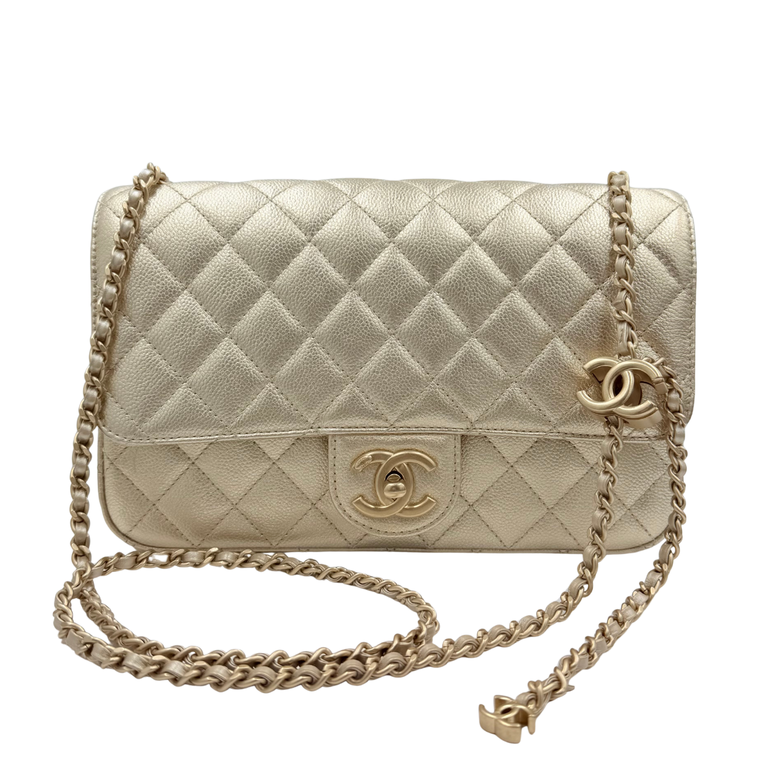 Chanel Medium Metallic Caviar Quilted CC Slide Flap Light Gold Sold Out