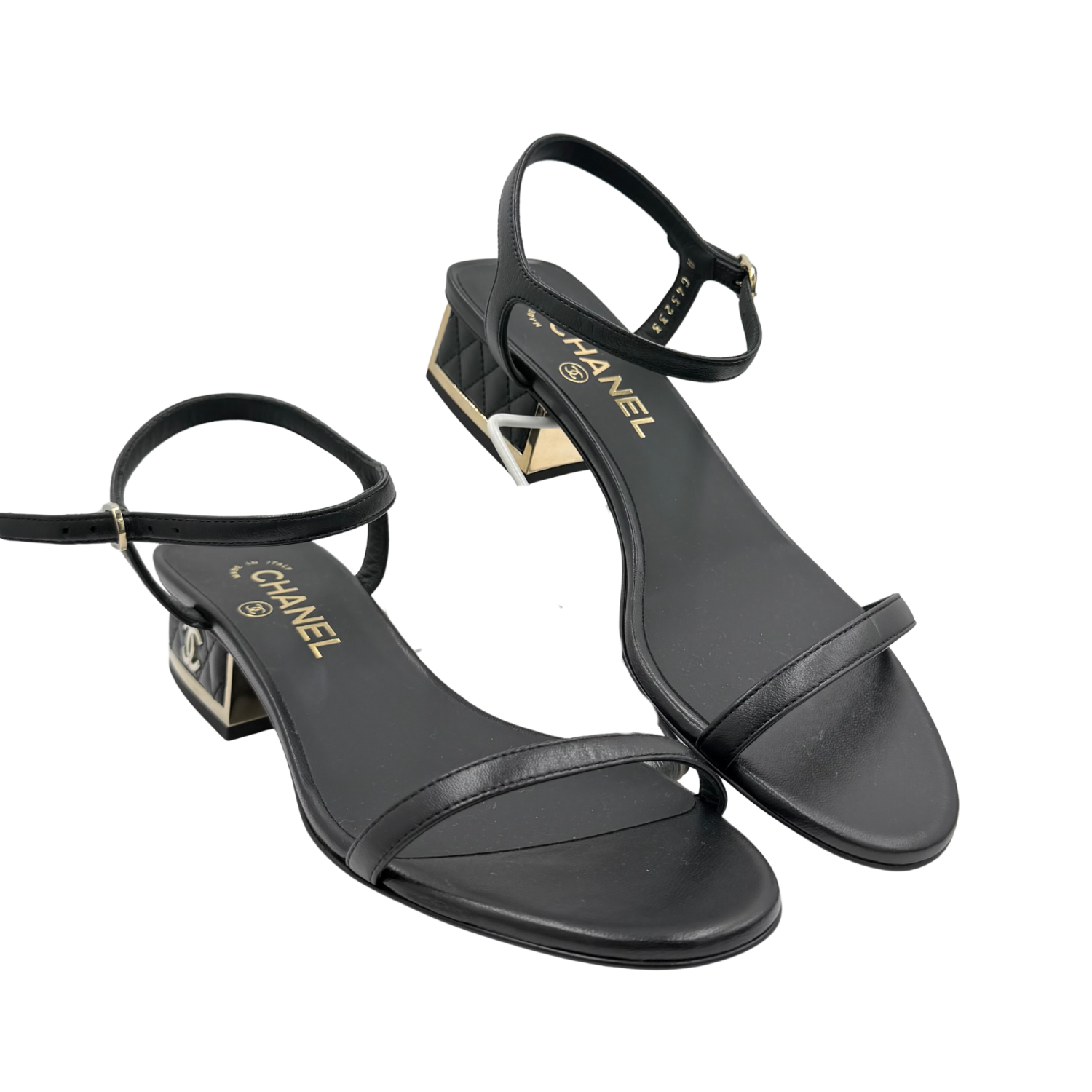 Chanel CC Gold Heeled Sandals Black