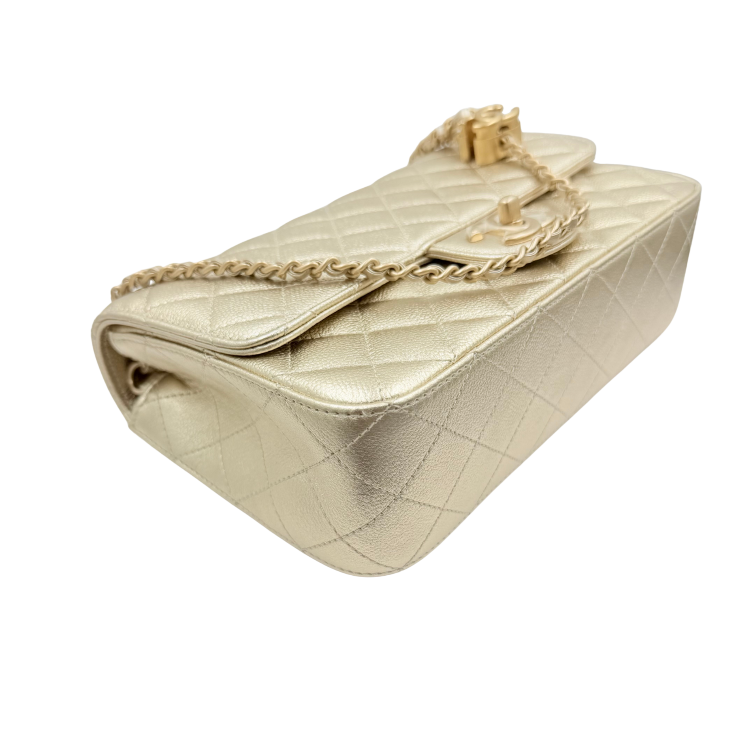 Chanel Limited Edition Small Single Flap Quilted Caviar Leather Bag with Adjustable Strap Light Gold