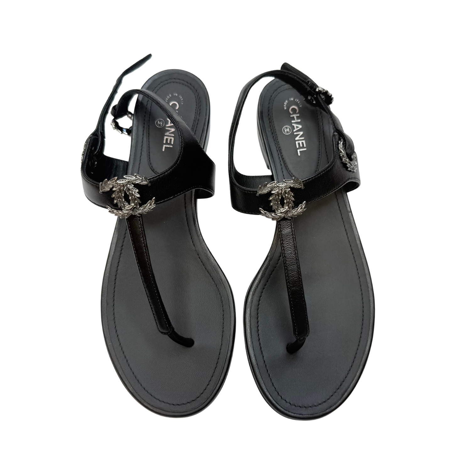 Chanel CC Leaf T-Strap Sandals Black