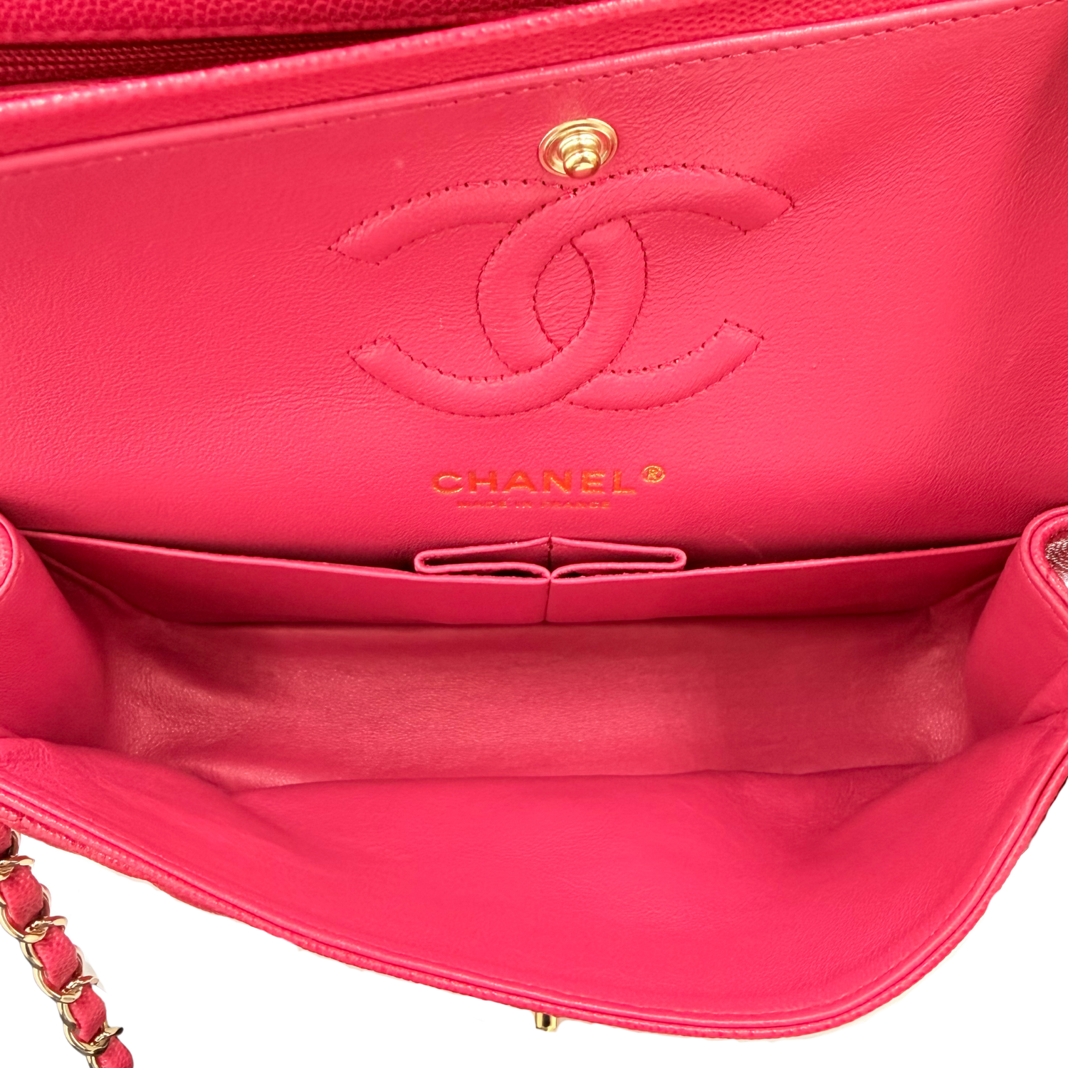 Chanel Small Quilted Caviar Classic Double Flap Bag Raspberry Red