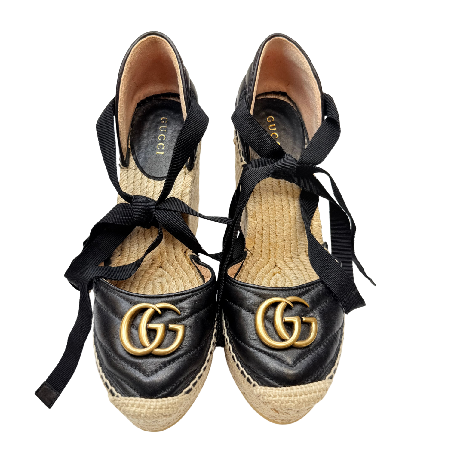 Gucci Nappa Matelasse GG Marmont Ankle Wrap Espadrille Wedges