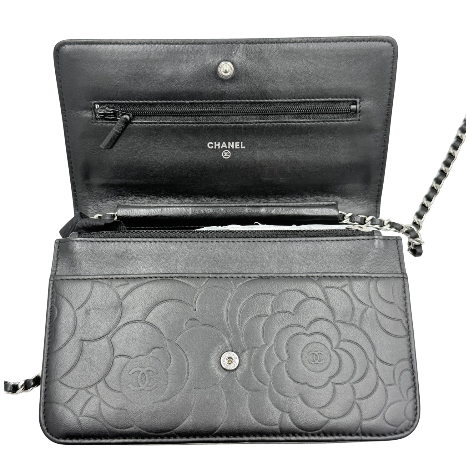 Chanel Camellia Embossed Wallet on Chain Black