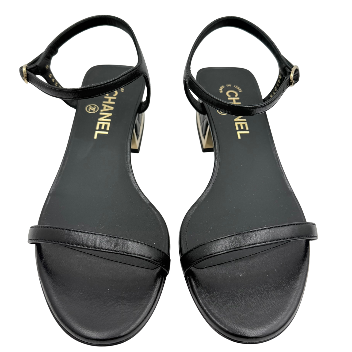 Chanel CC Gold Heeled Sandals Black