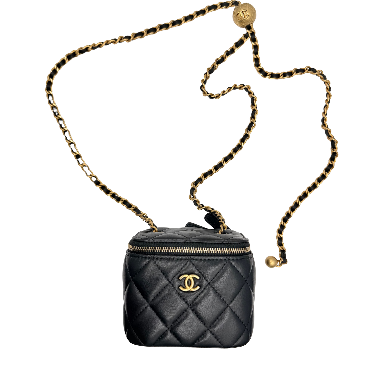 Chanel Quilted Lambskin Mini Pearl Crush Vanity Case With Chain Black