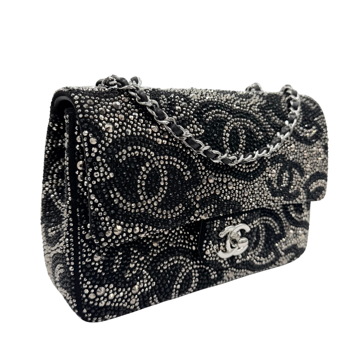 Chanel Satin Diamante CC Logo Small Flap Ruthenium Black