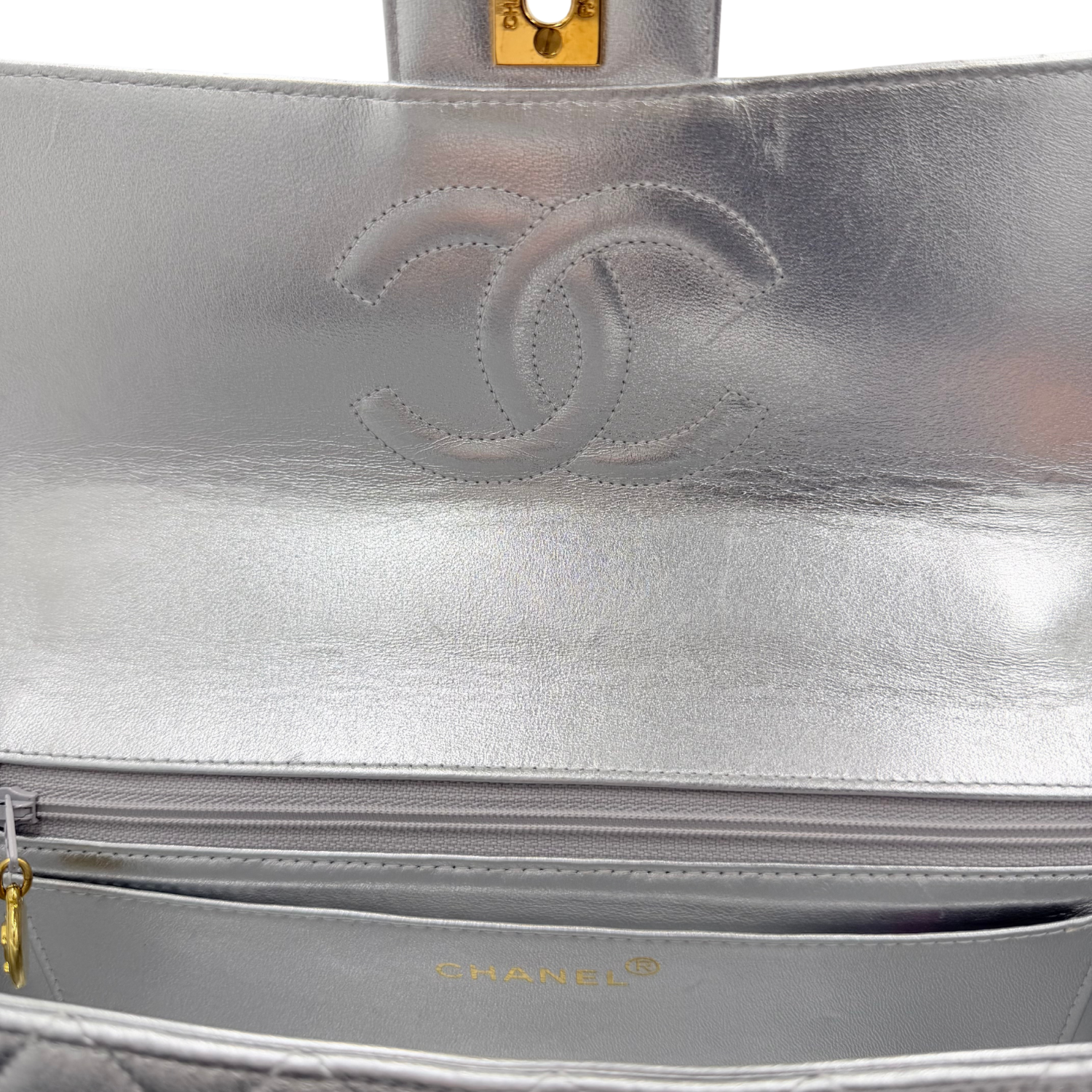 Chanel Vintage Kelly Flap Top Handle Bag Silver