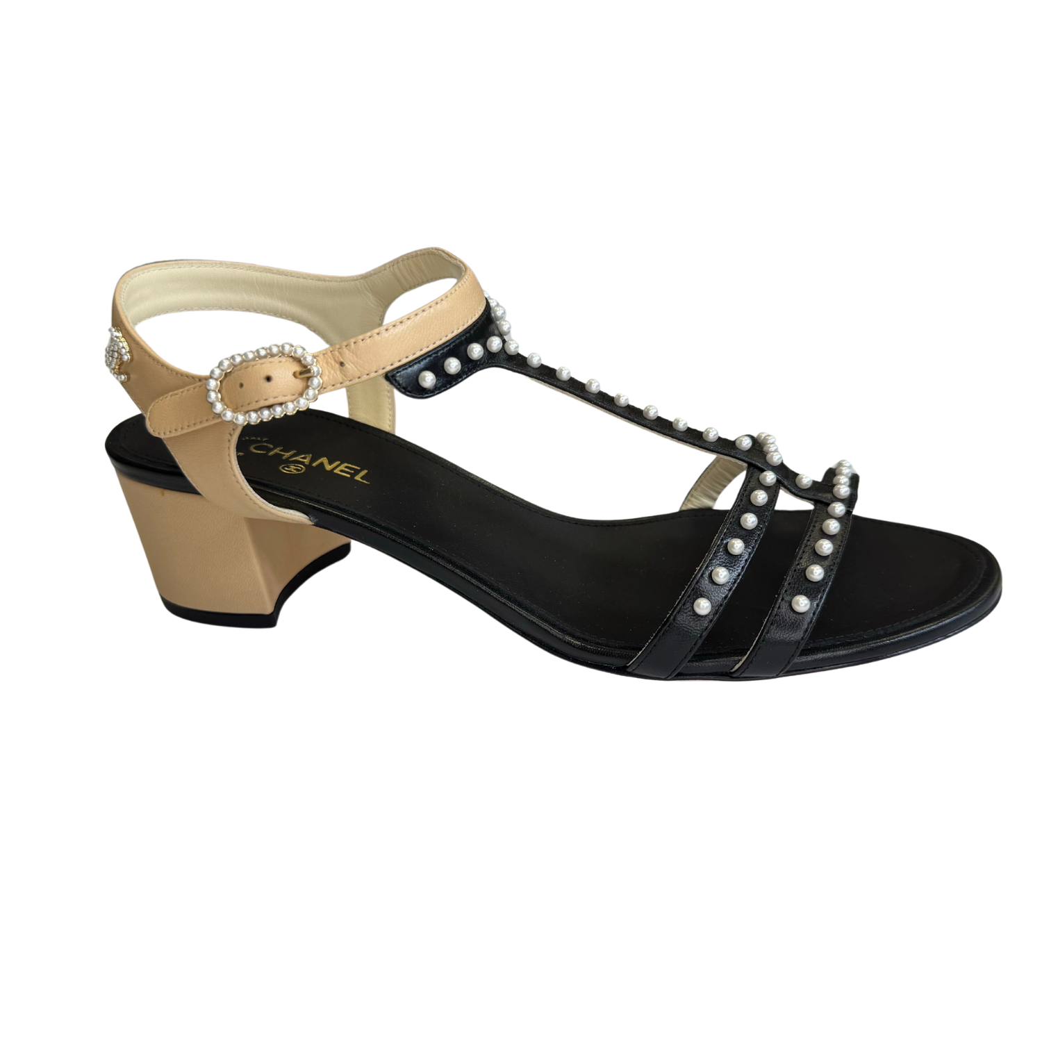 Chanel Satin Pearl Sandals Black & Beige
