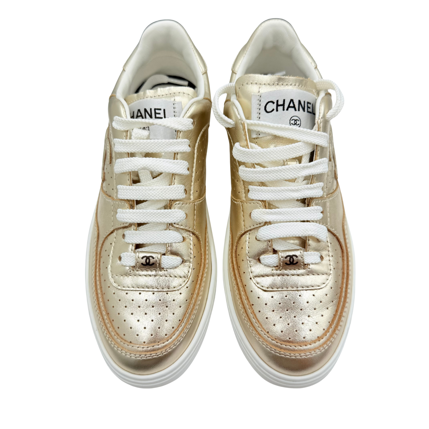 Chanel CC Laminated Calfskin Low Top Sneakers Gold