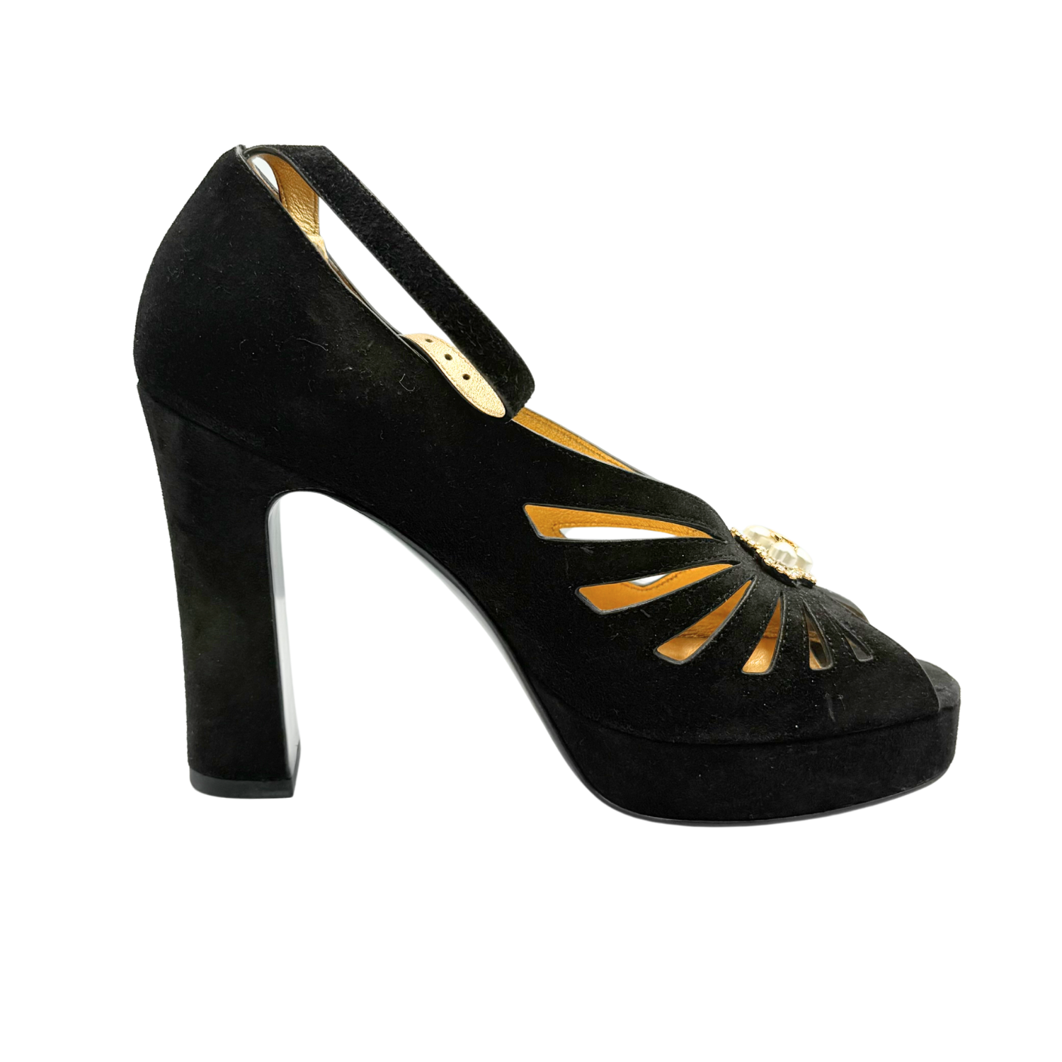 Chanel Suede Pearl Shamrock CC Heeled Sandals Black