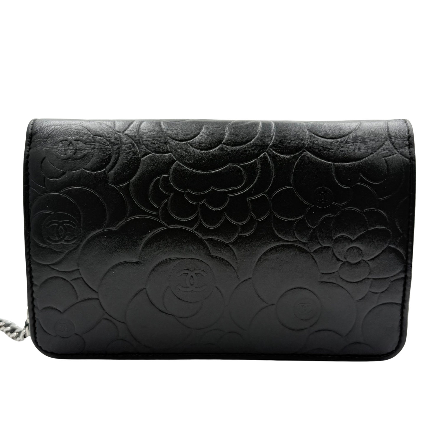 Chanel Camellia Embossed Wallet on Chain Black