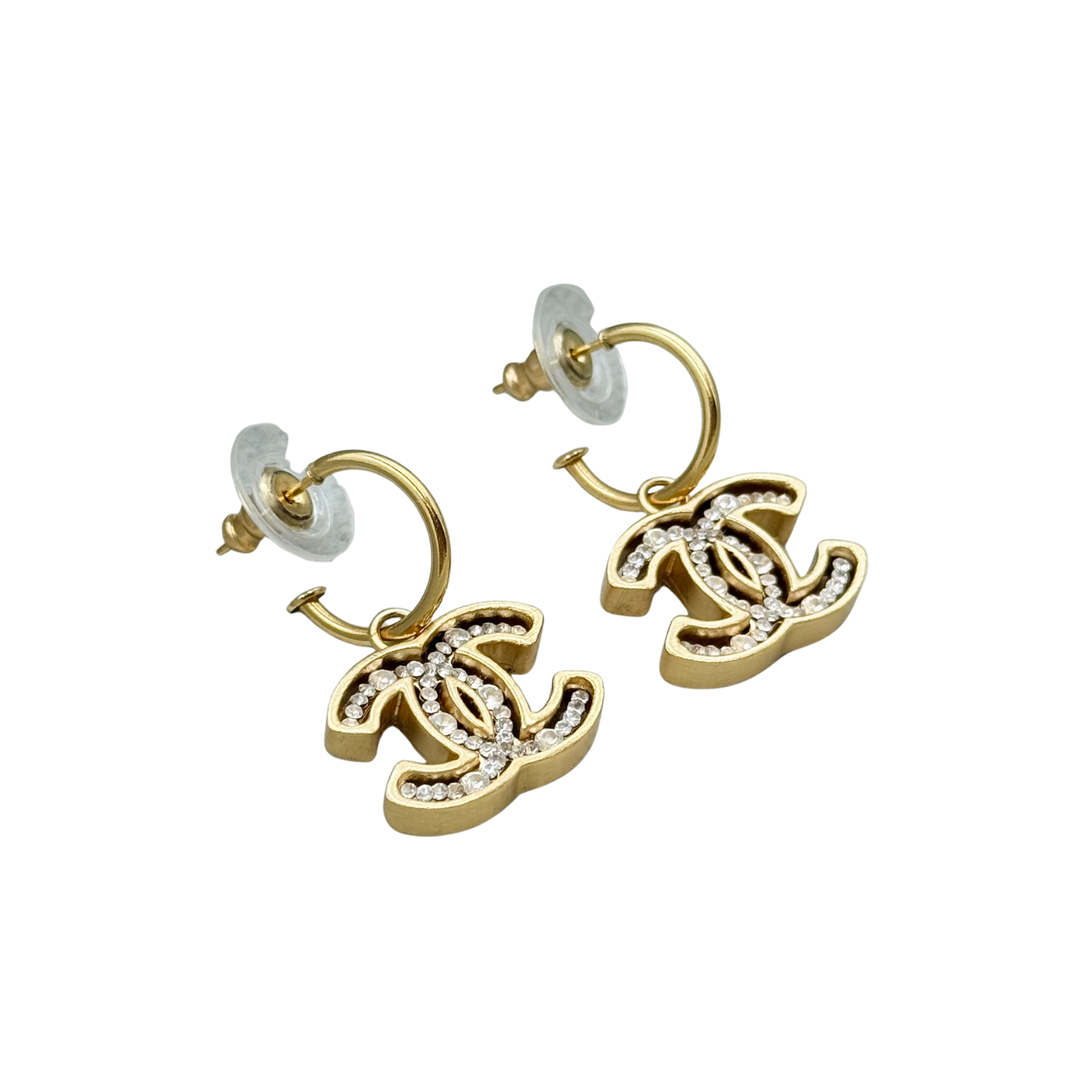 Chanel CC Small Vintage Crystal Hoop Dangle Earrings Gold