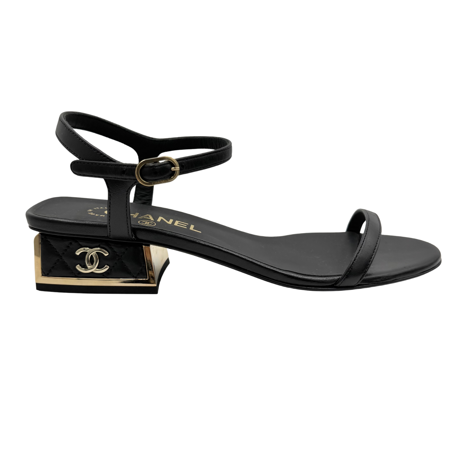 Chanel CC Gold Heeled Sandals Black