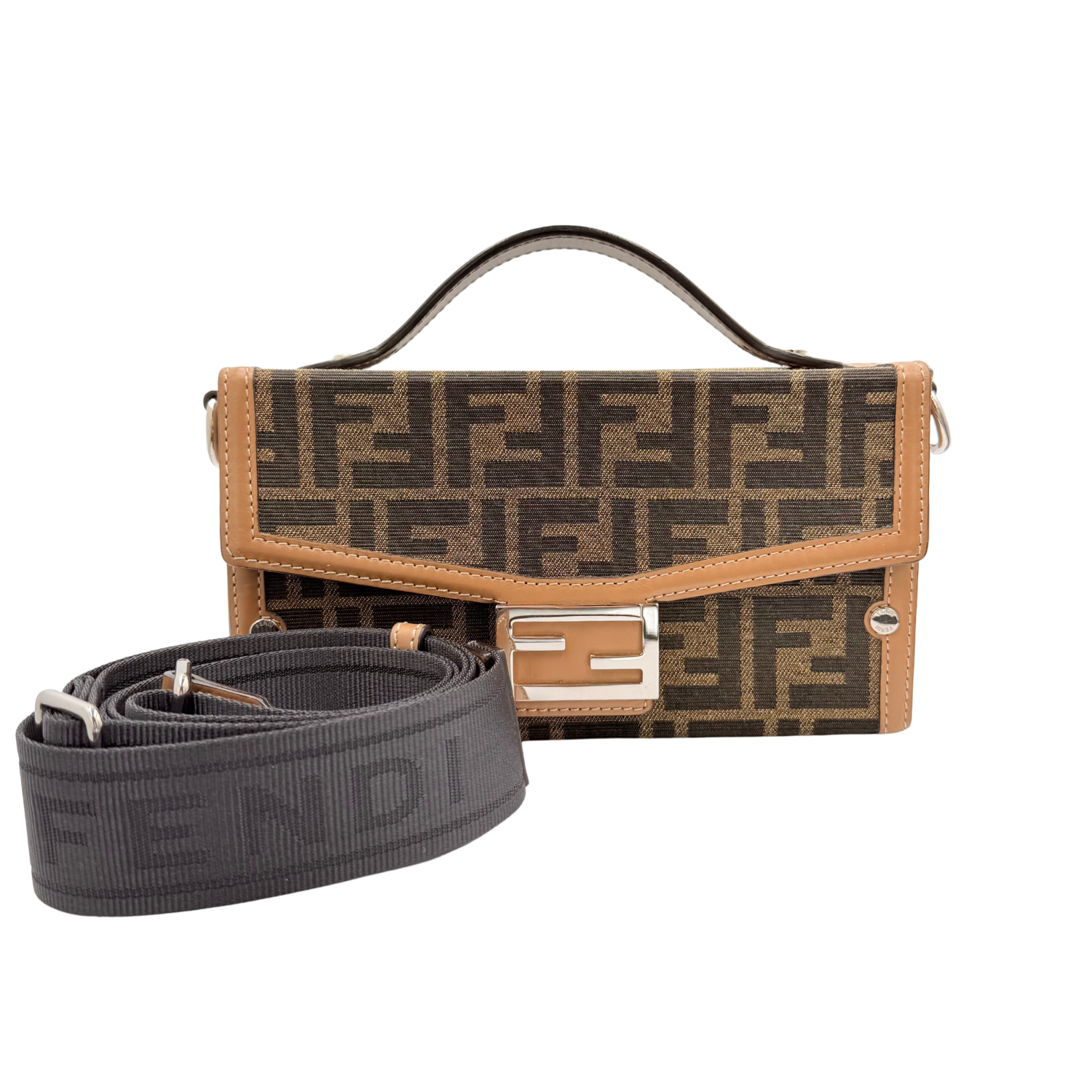 Fendi Baguette Soft Trunk Jacquard Canvas Bag with Strap Brown