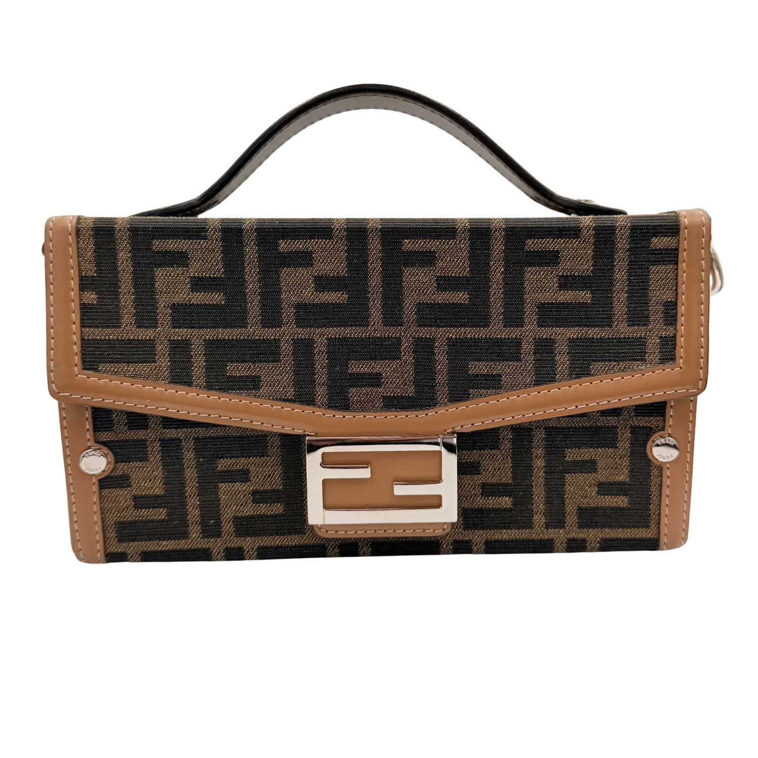 Fendi Baguette Soft Trunk Jacquard Canvas Bag with Strap Brown