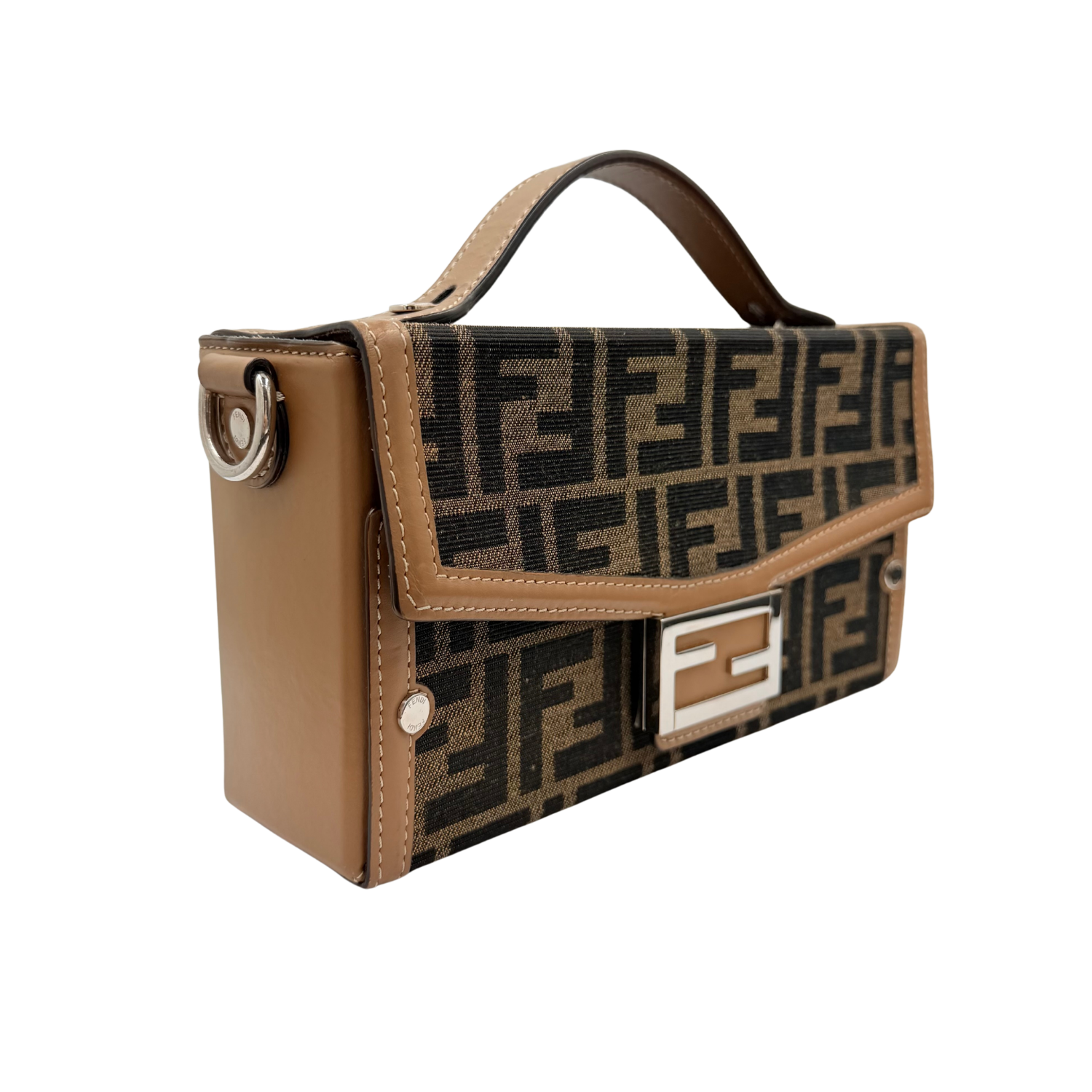 Fendi Baguette Soft Trunk Jacquard Canvas Bag with Strap Brown