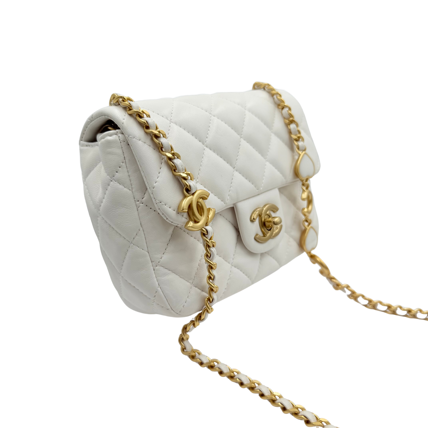 Chanel Quilted Small Coco Hearts Square Flap Bag White