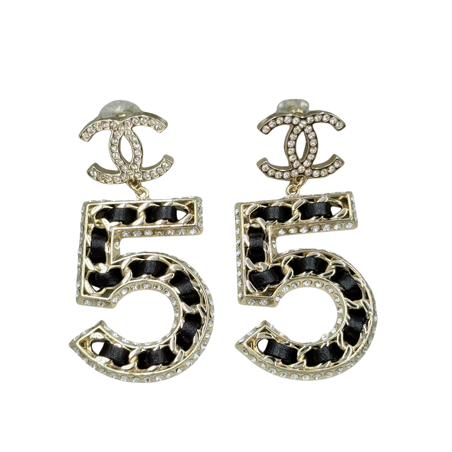 Chanel Large Crystal Lambskin Chain CC No 5 Drop Earrings Gold Black