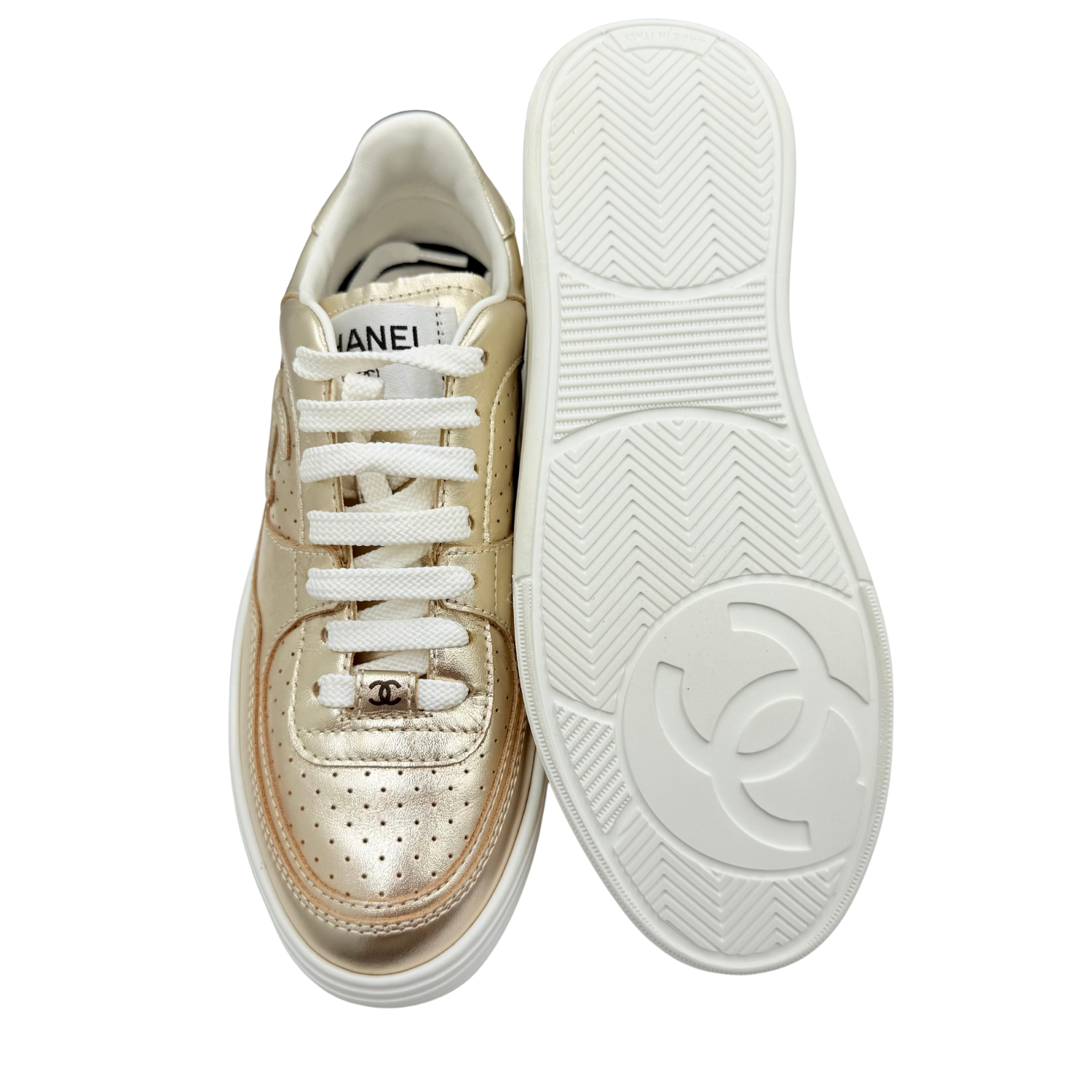 Chanel CC Laminated Calfskin Low Top Sneakers Gold